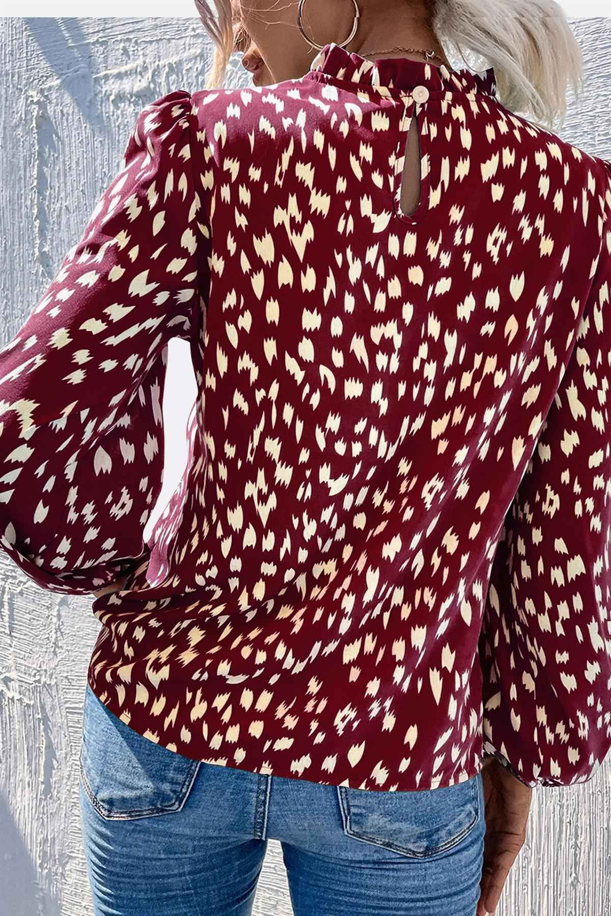 Animal Print Frill Detail High Neck Top In Wine
