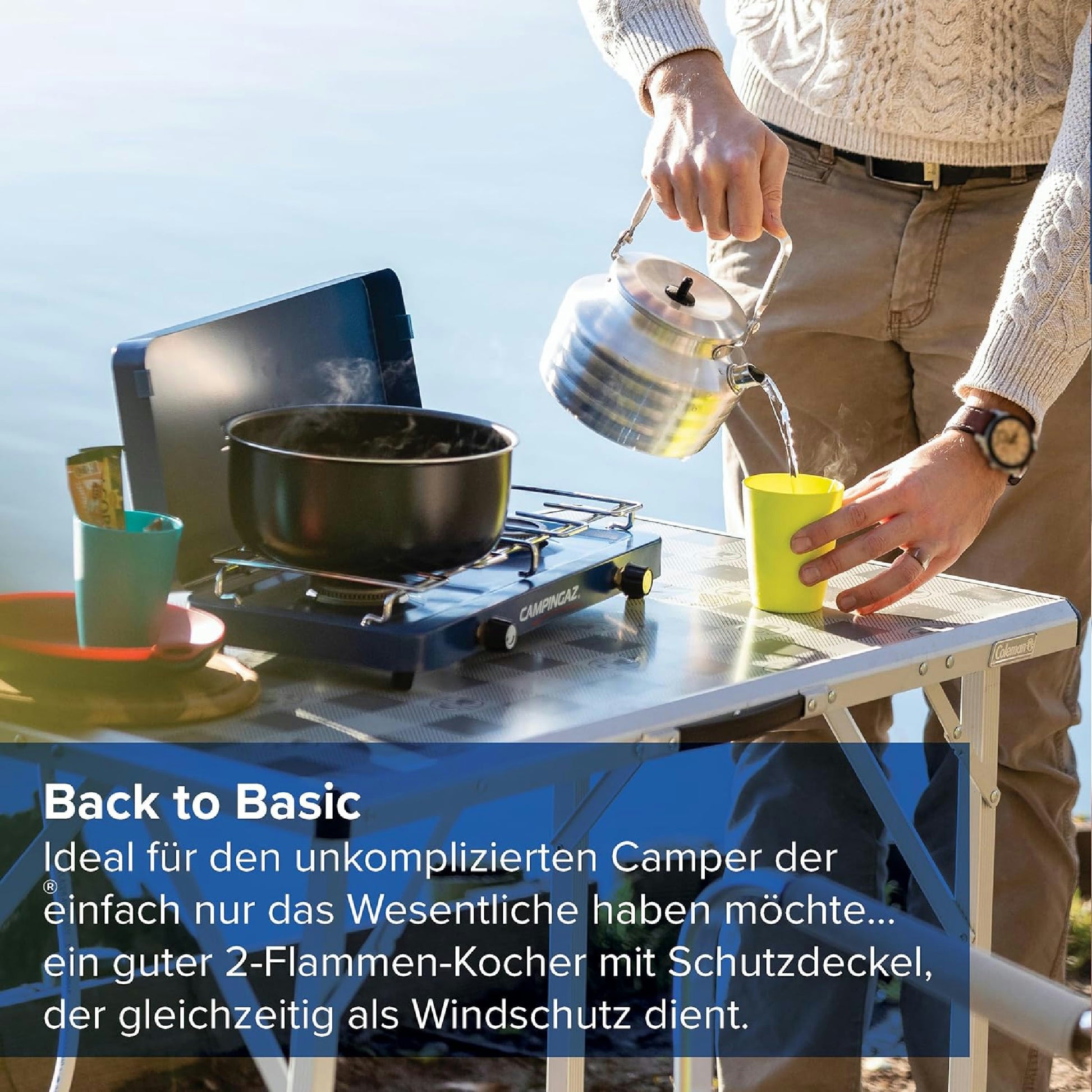 Campingaz kompakter Outdoor-/Tisch-/Gas-/Campingkocher Base Camp, 2 flammig, mit Deckel, 3.200 Watt, Blau Hauptansicht