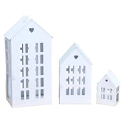 Windlicht Haus Metall weiß 3er Set 13-35 cm matt lackiert | Miamonda