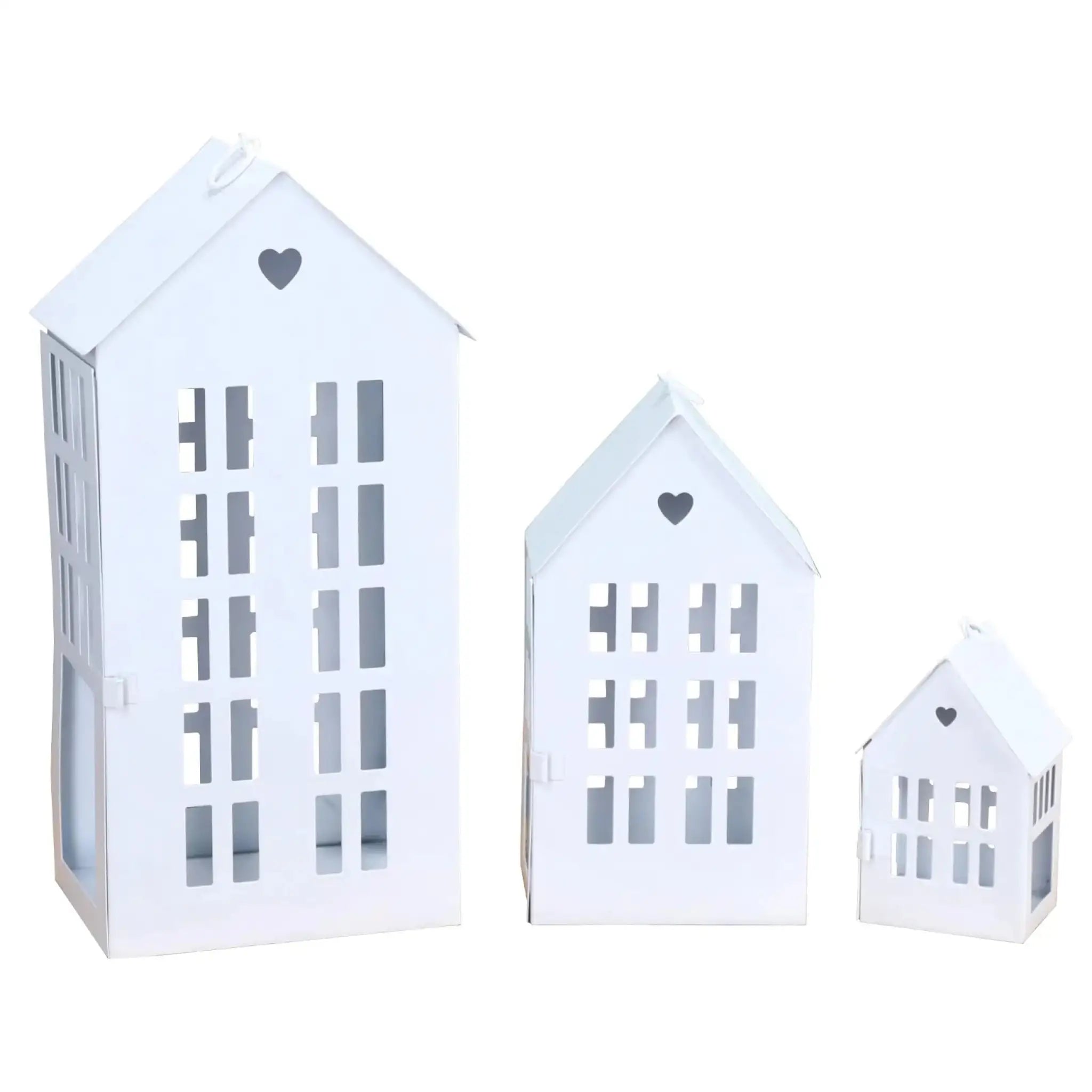 Windlicht Haus Metall weiß 3er Set 13-35 cm matt lackiert | Miamonda