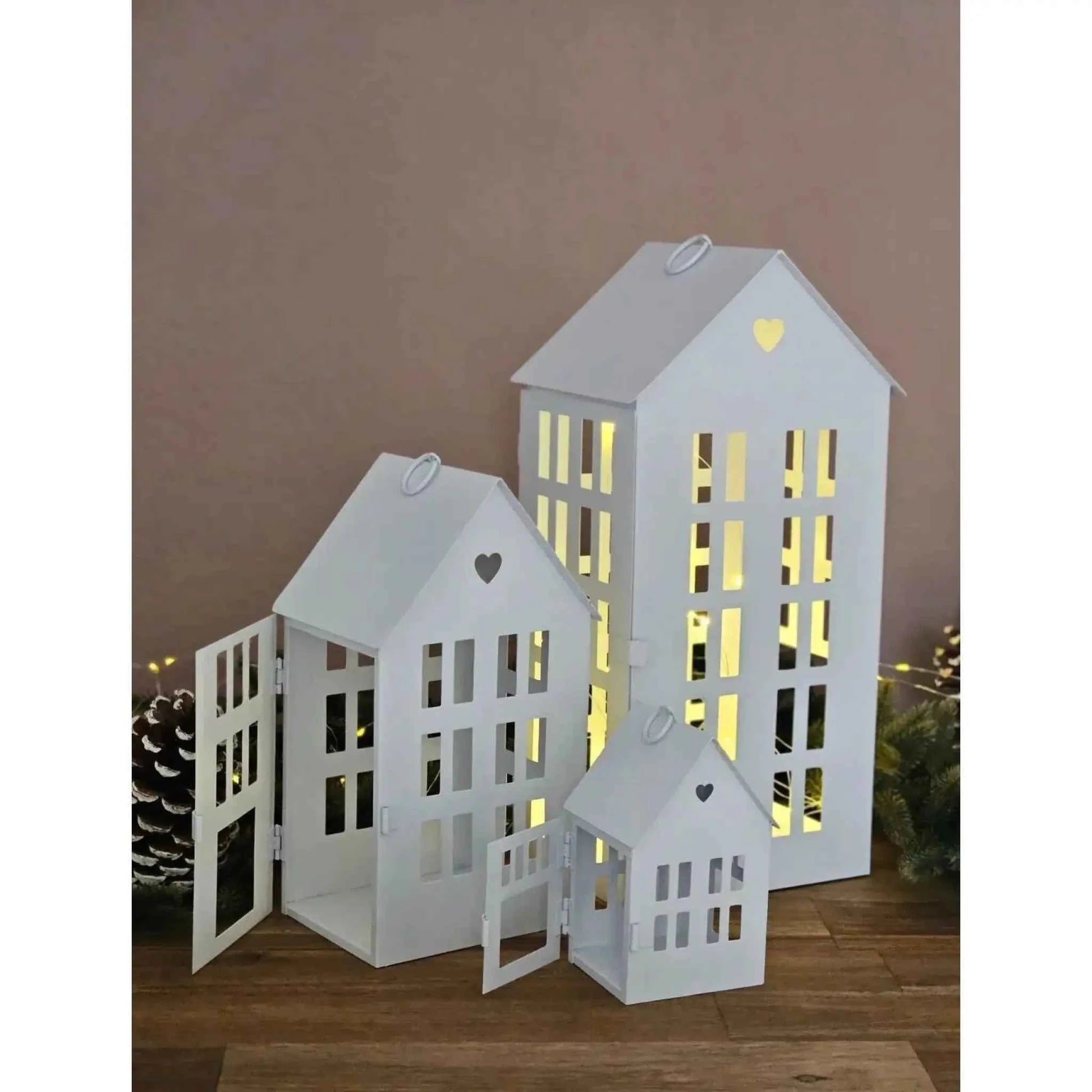 3 Laternenhäuser Windlicht Laternen Häuser Laterne Haus Metall weiß 3er SET