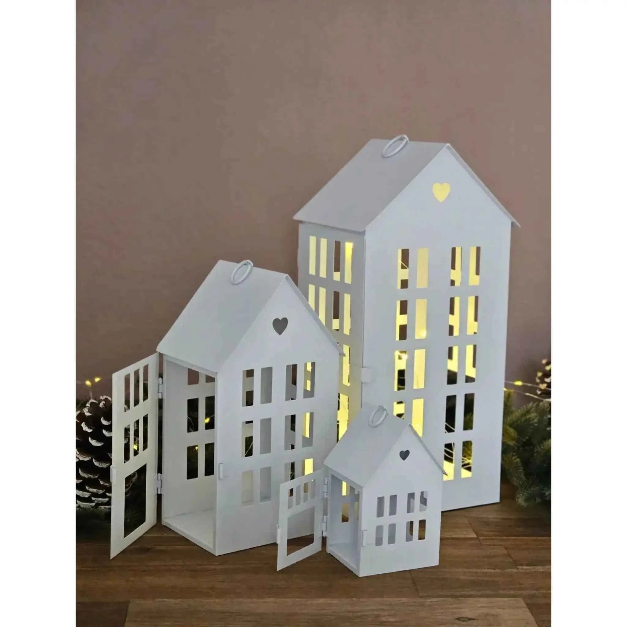 3 Laternenhäuser Windlicht Laternen Häuser Laterne Haus Metall weiß 3er SET