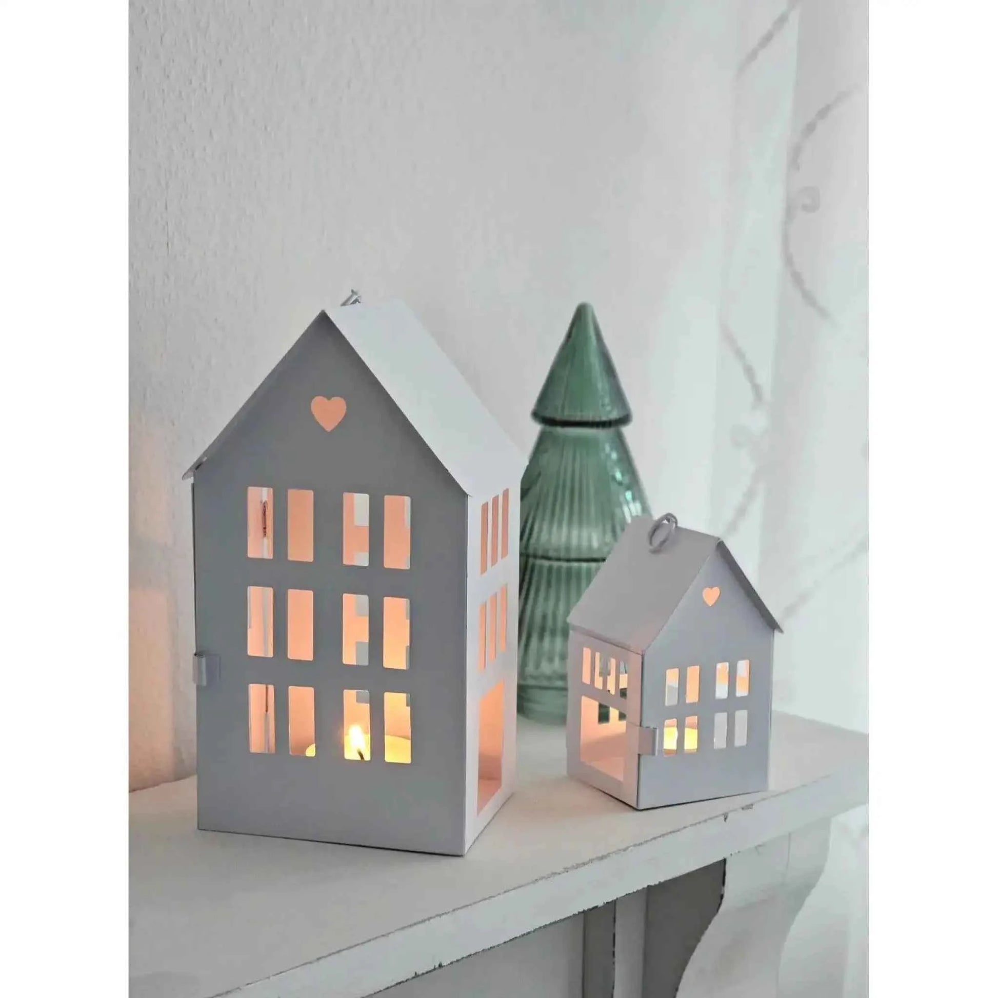 3 Laternenhäuser Windlicht Laternen Häuser Laterne Haus Metall weiß 3er SET