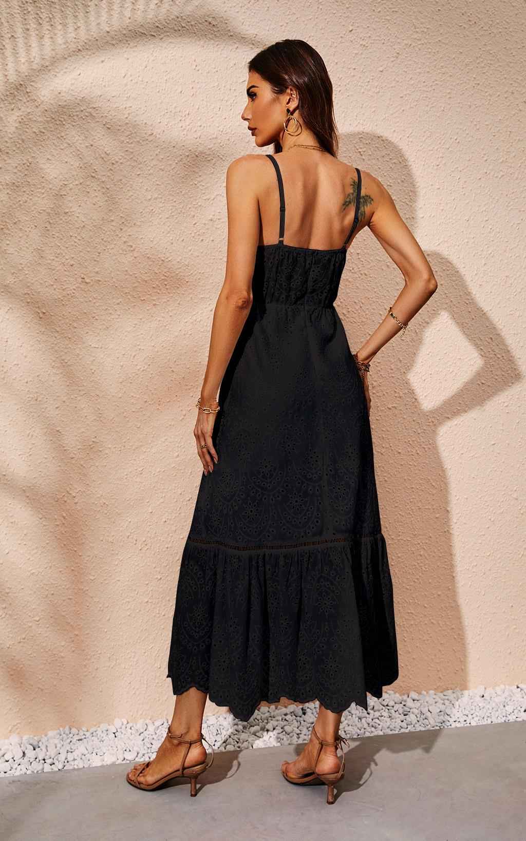 Lace Embroidery Anglaise Maxi Dress In Black