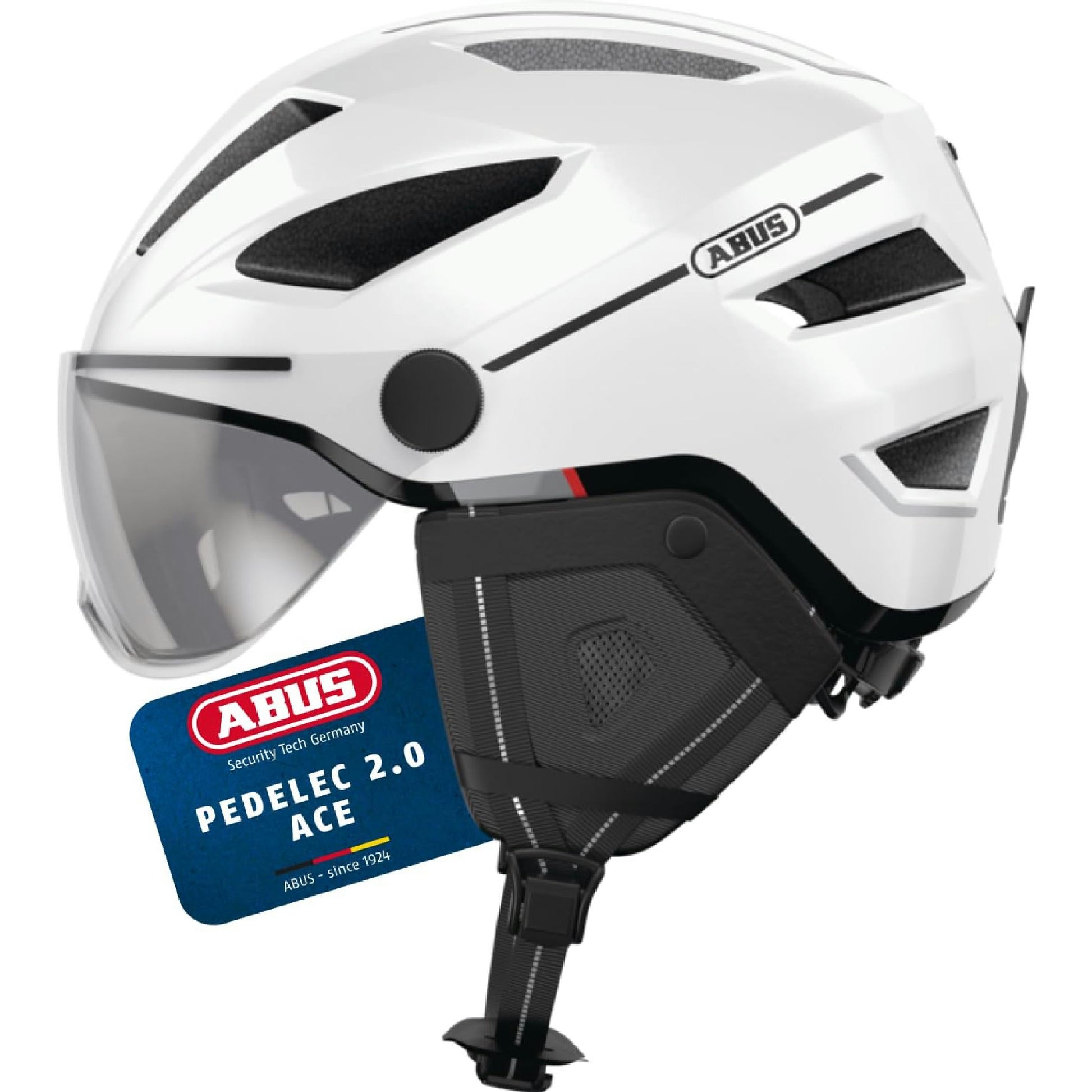 ABUS Stadthelm Pedelec 2.0 ACE - Fahrradhelm mit Rücklicht, Visier, Regenhaube, Ohrenschutz - für Damen und Herren - Weiß Glänzend, Größe S Hauptansicht