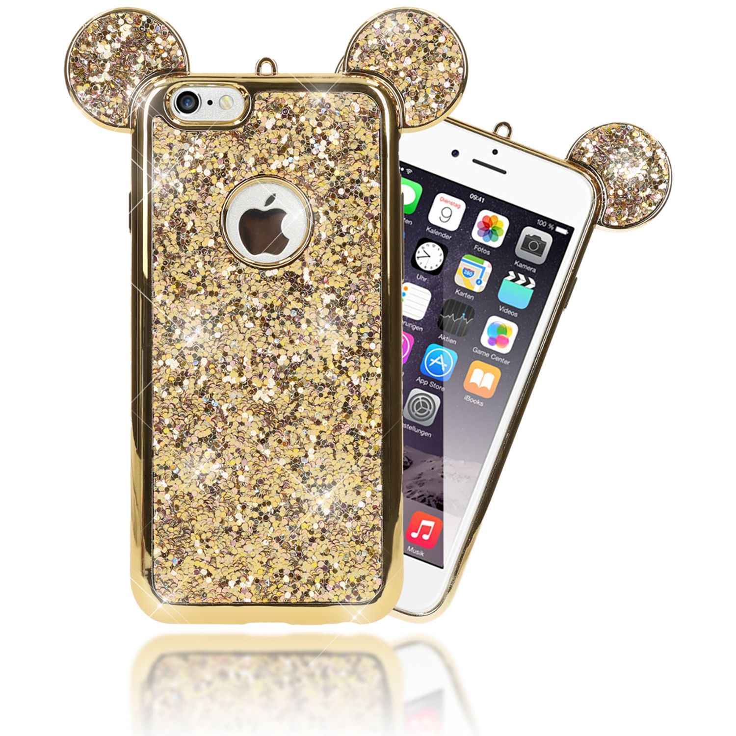 Apple iPhone 6 6S Handy Hülle von NALIA, Glitzer Back Cover Case mit Maus Ohren