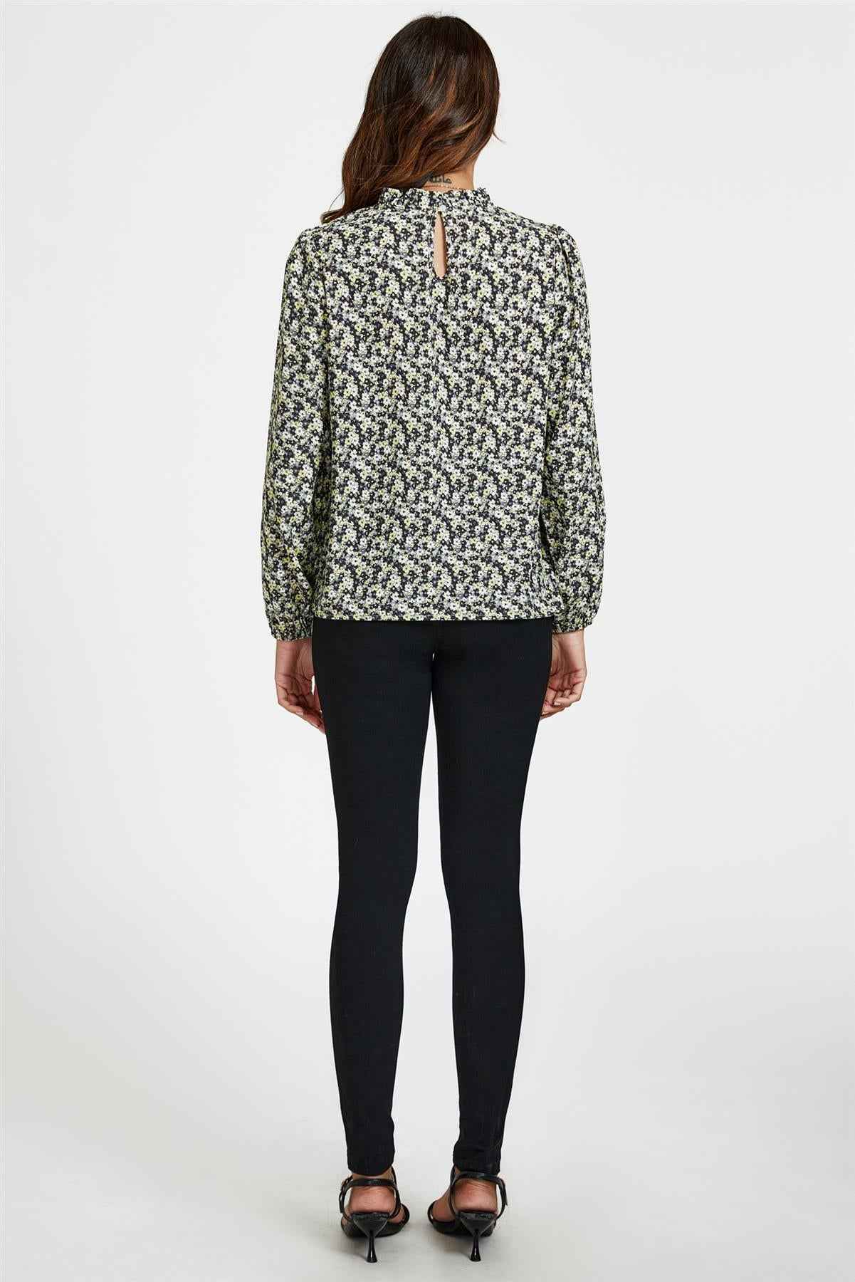 Multi Floral Print Frill Detail High Neck Top In Yellow