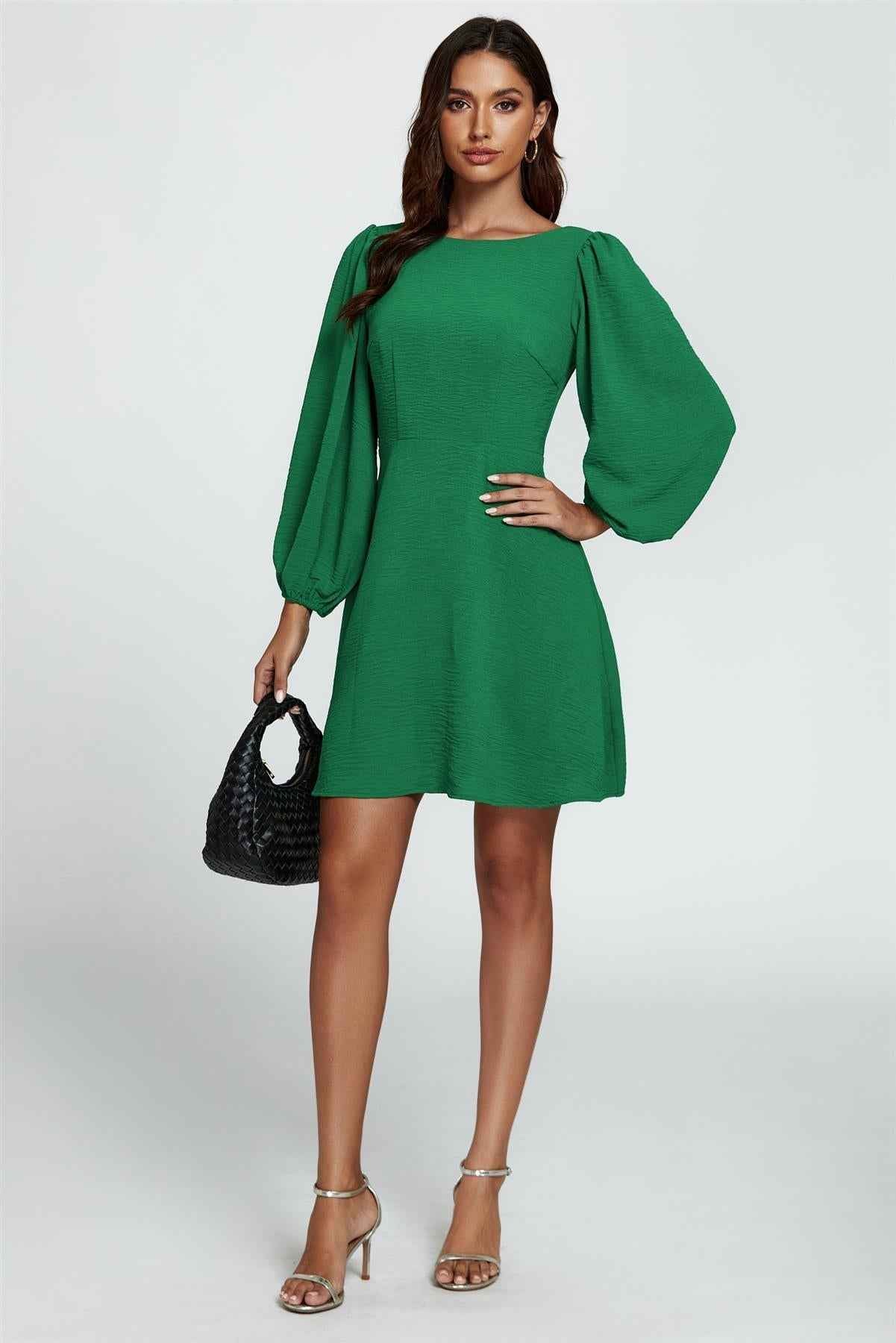 Back V Neck Mini Dress In Green