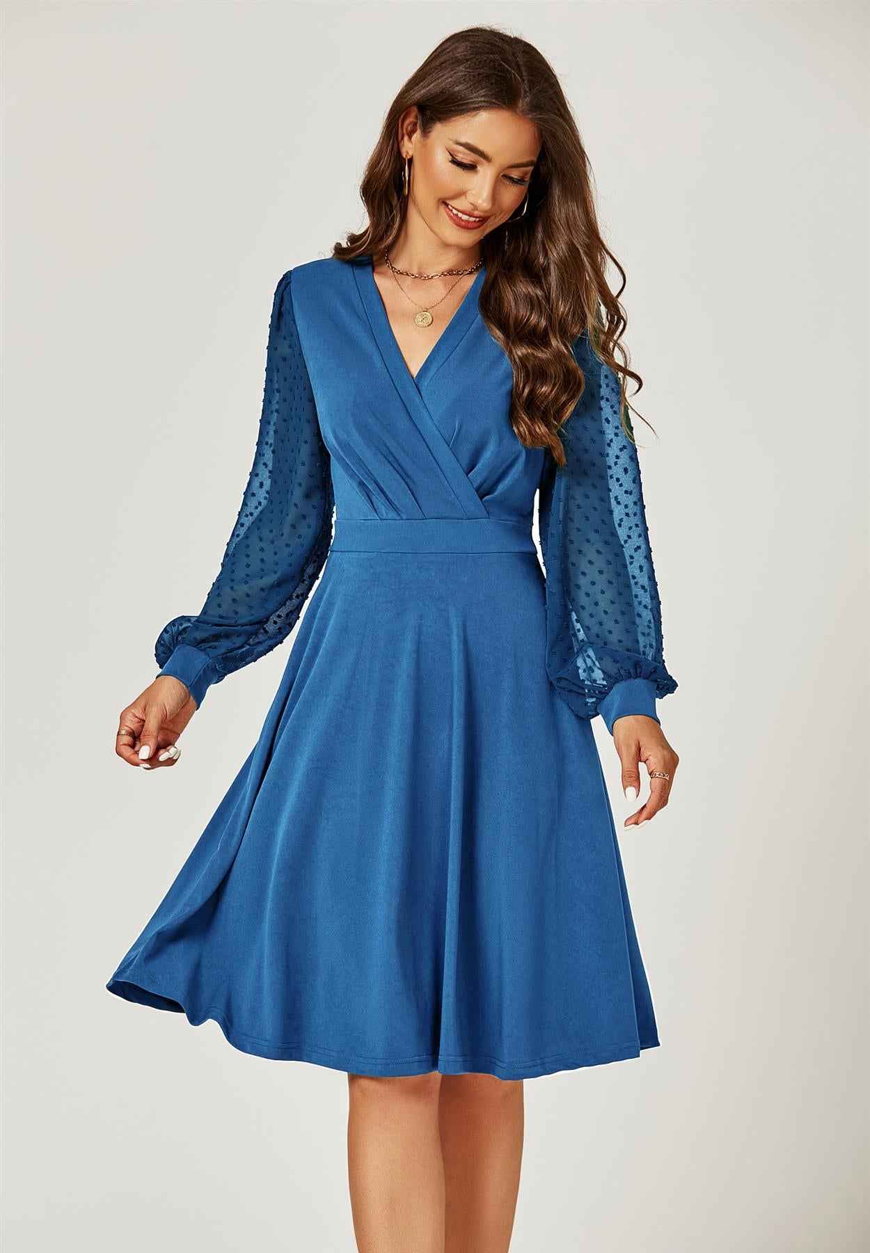 Long Chiffon Sleeve Pleated Midi Dress In Blue