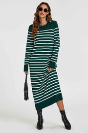 Stripe Pattern Knitted Tunic Jumper Dress In Dark Green