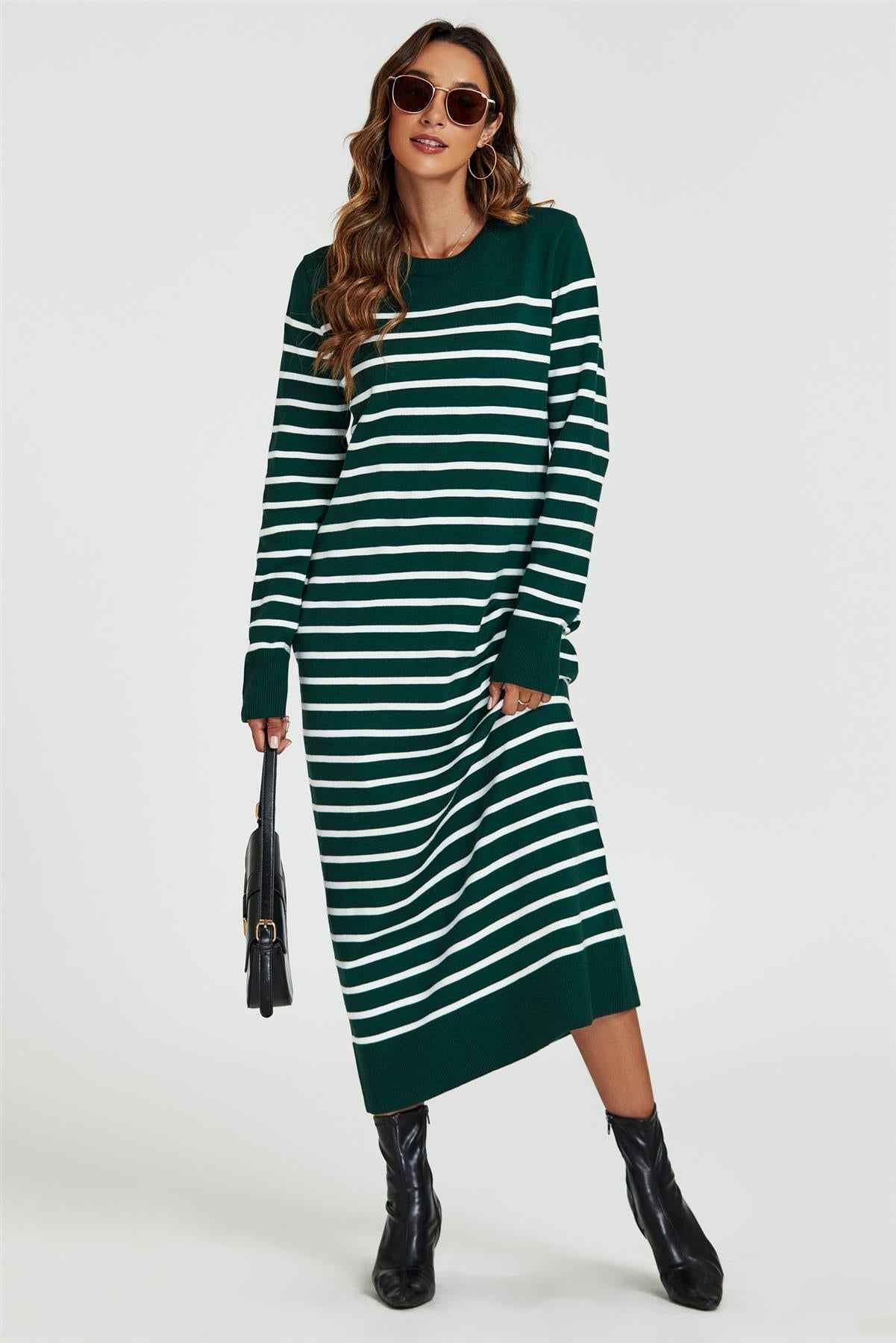 Stripe Pattern Knitted Tunic Jumper Dress In Dark Green