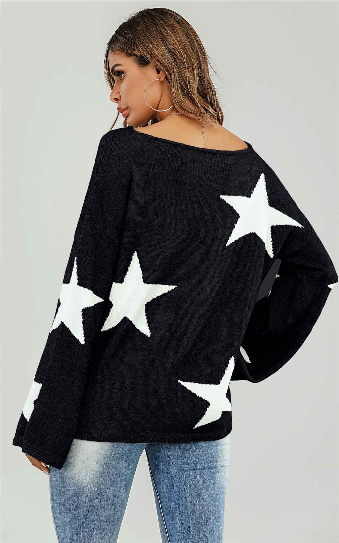 Wide Sleeve Oversize Black Jumper With White Star