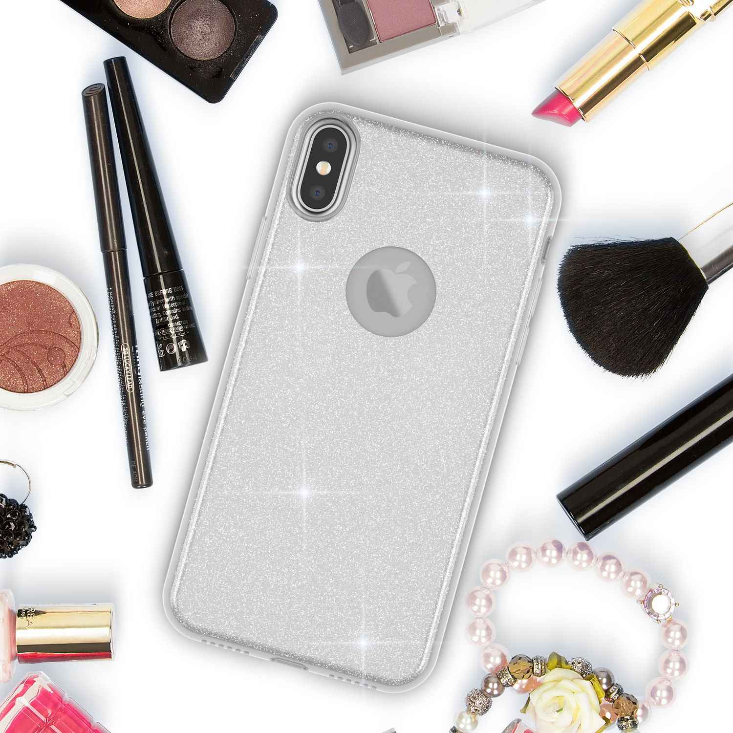NALIA Glitzer Hülle für iPhone X XS, Slim 3in1 Handy Schutz Case Back Cover Etui