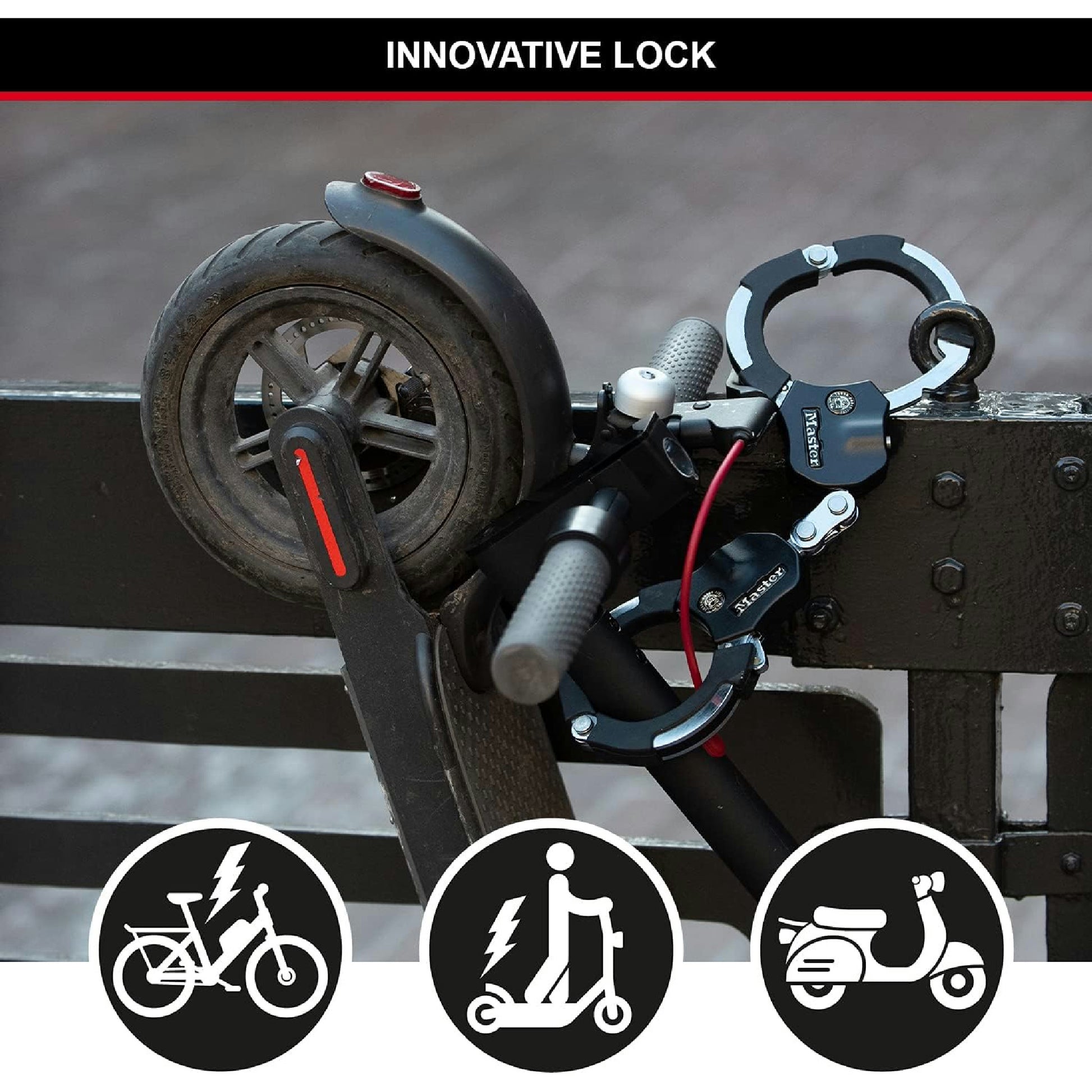 Master Lock zertifiziert und patentierte E Scooter Schloss, Handschellenschloss, Fahrradschloss, 36 cm, ideal für Scooter Roller, Fahrrad, Kinderwagen, Schwarz Hauptansicht