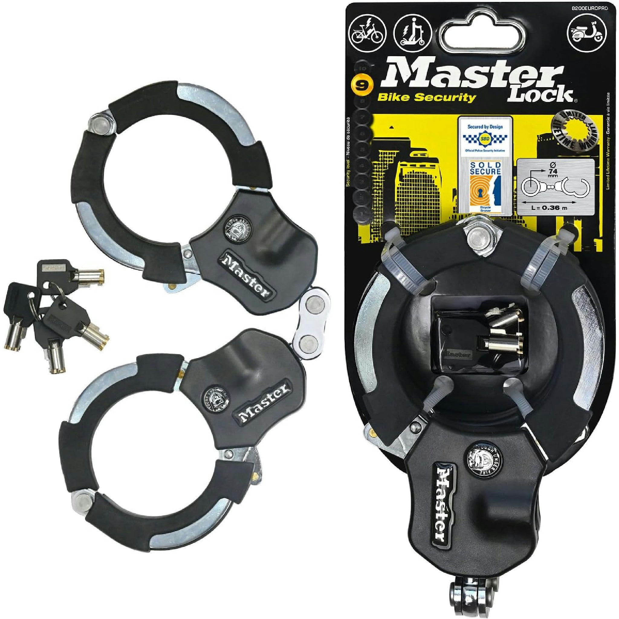 Master Lock zertifiziert und patentierte E Scooter Schloss, Handschellenschloss, Fahrradschloss, 36 cm, ideal für Scooter Roller, Fahrrad, Kinderwagen, Schwarz Hauptansicht