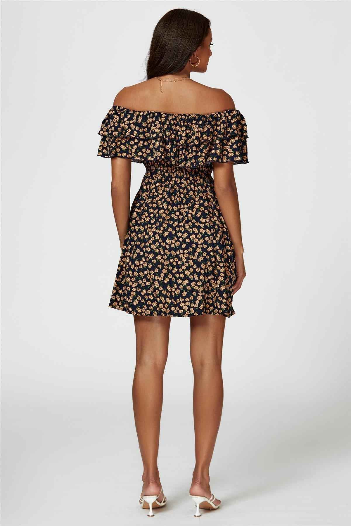 Floral Print Bardot Frill Mini Dress In Navy