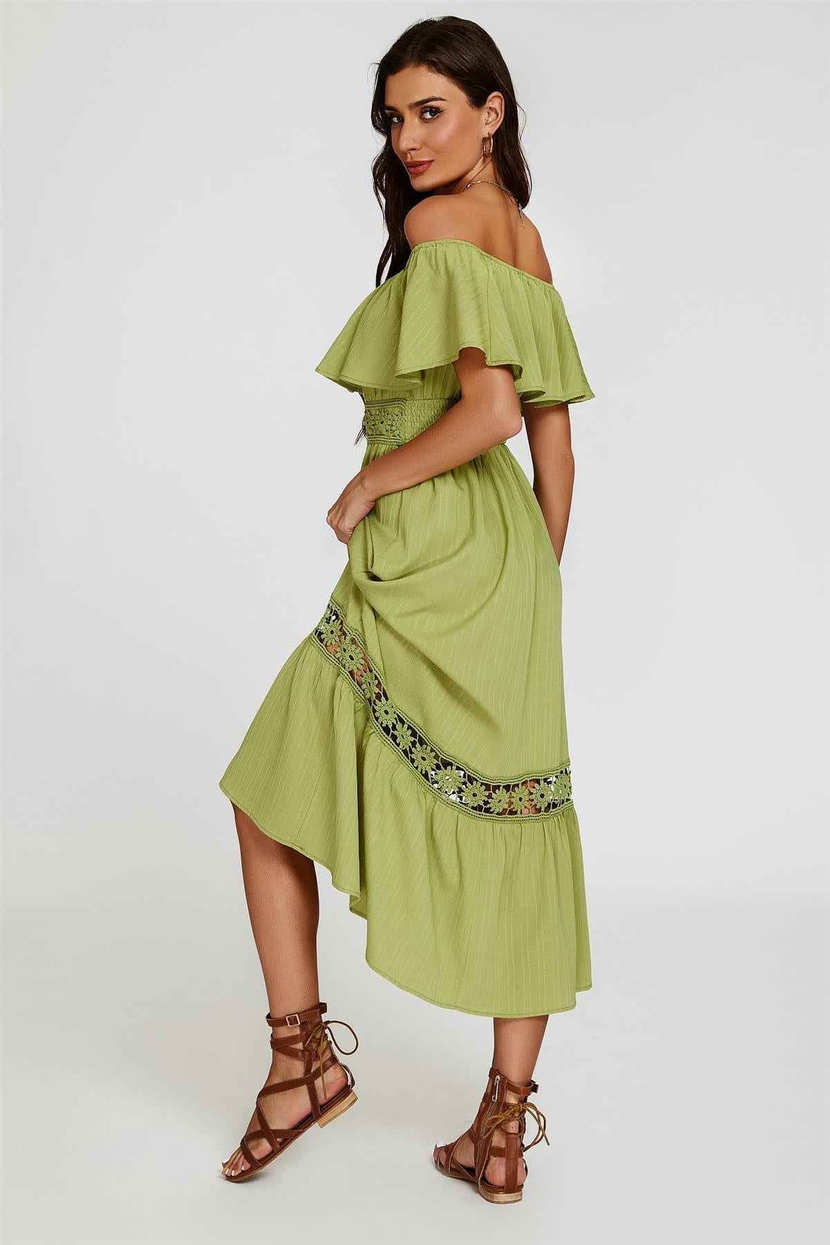 Lace Detail Bardot Maxi Dress In Green