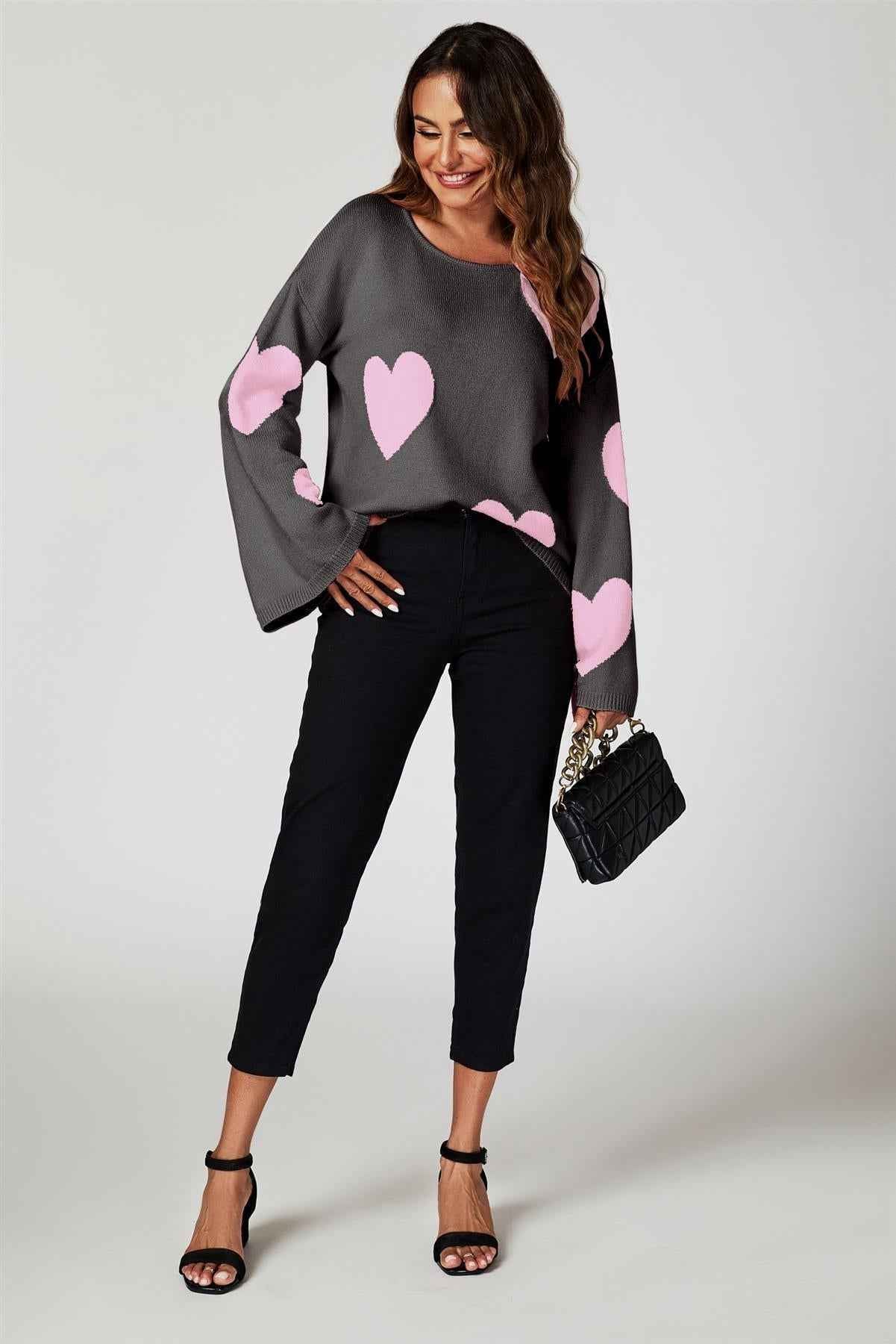 Heart Patten Wide Sleeve Oversize Jumper In Dark Grey