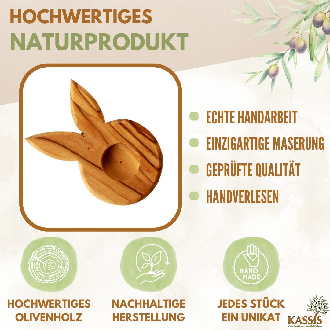 Detailaufnahme des Olivenholz Eierständers Hase von Zeus, perfekt für Ostern