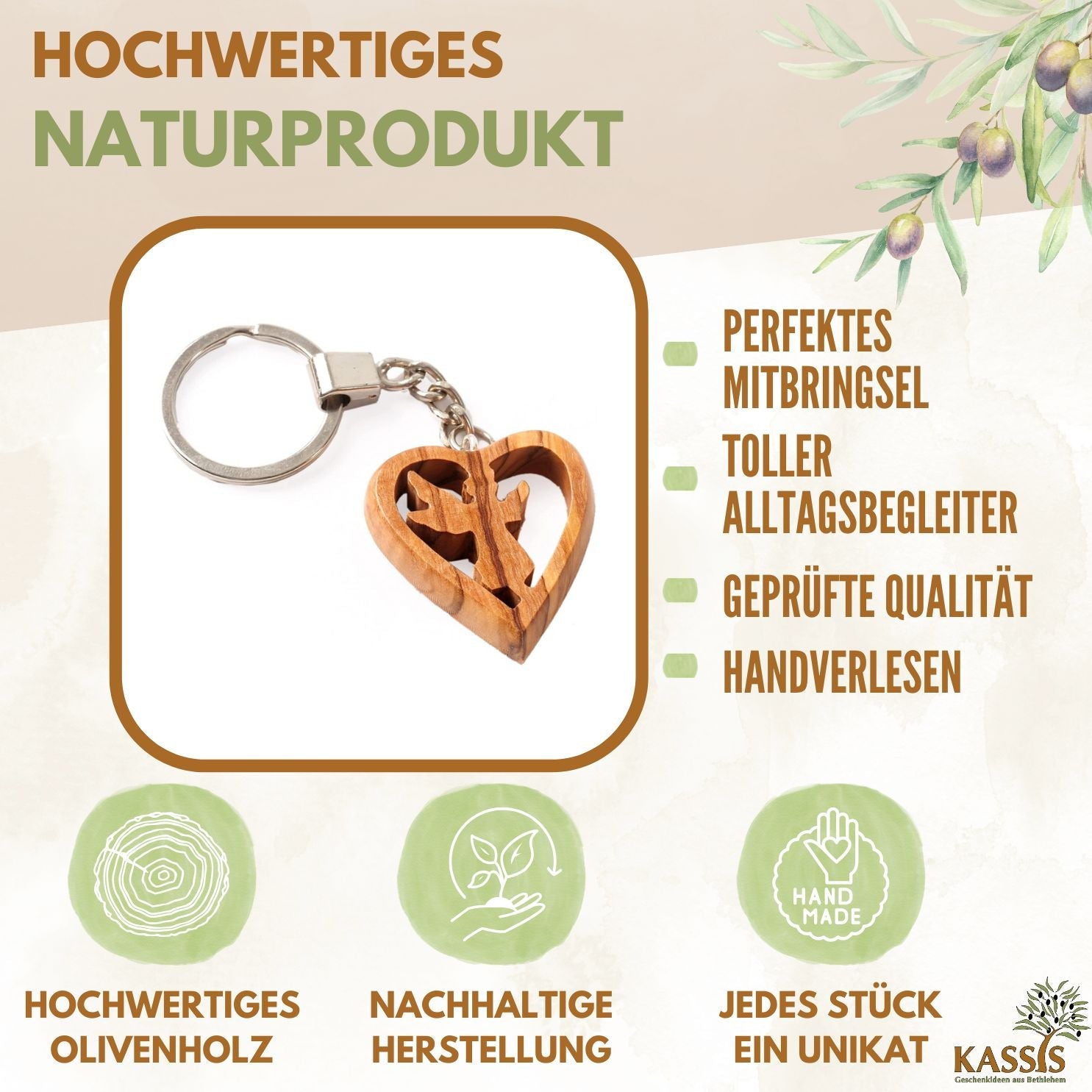 Detailansicht Schlüsselanhänger Schutzengel Herz aus Olivenholz von Zeus