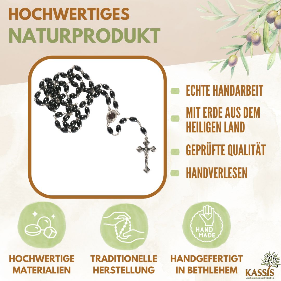 Rosenkranz mit ovalen Hämatitperlen, detailreiche Ansicht