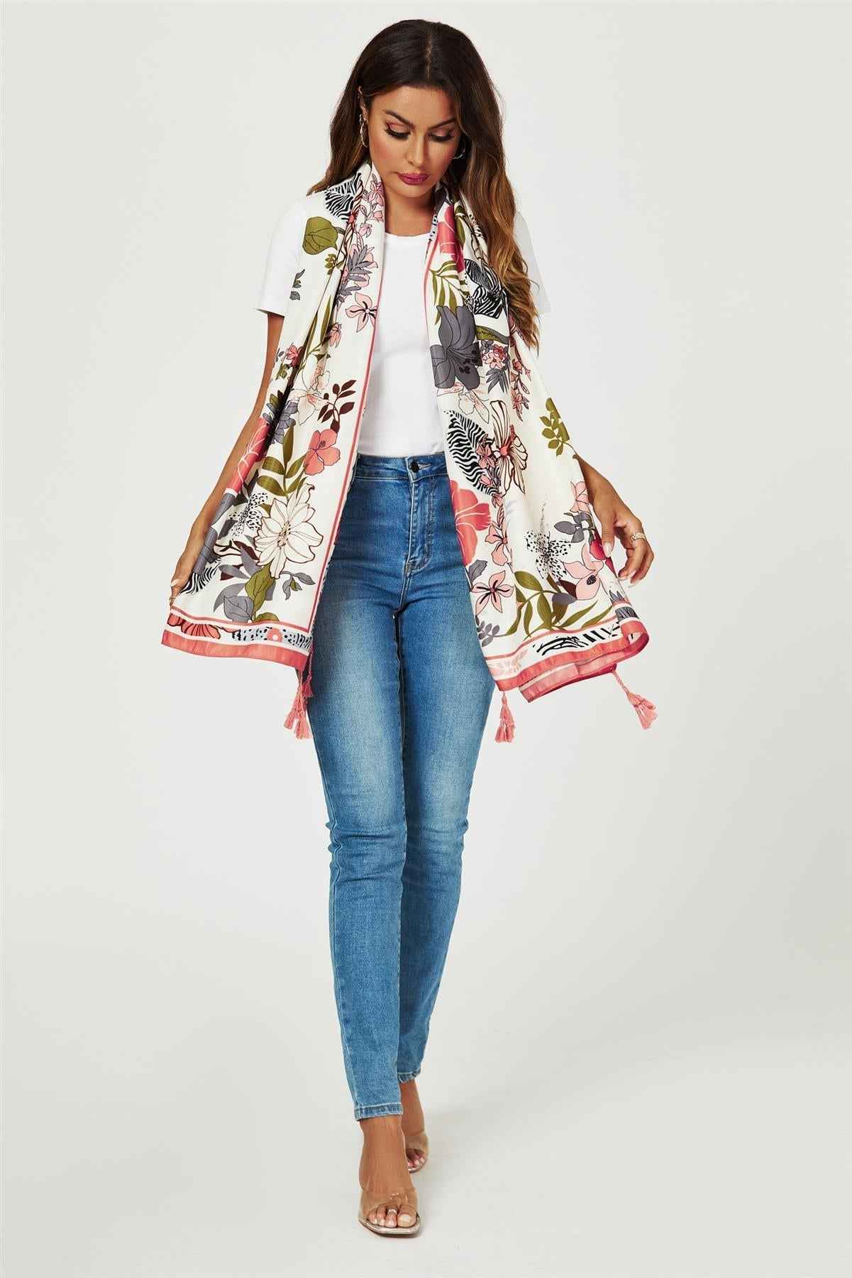 Tropical Floral Print Tassel Scarf In Pink