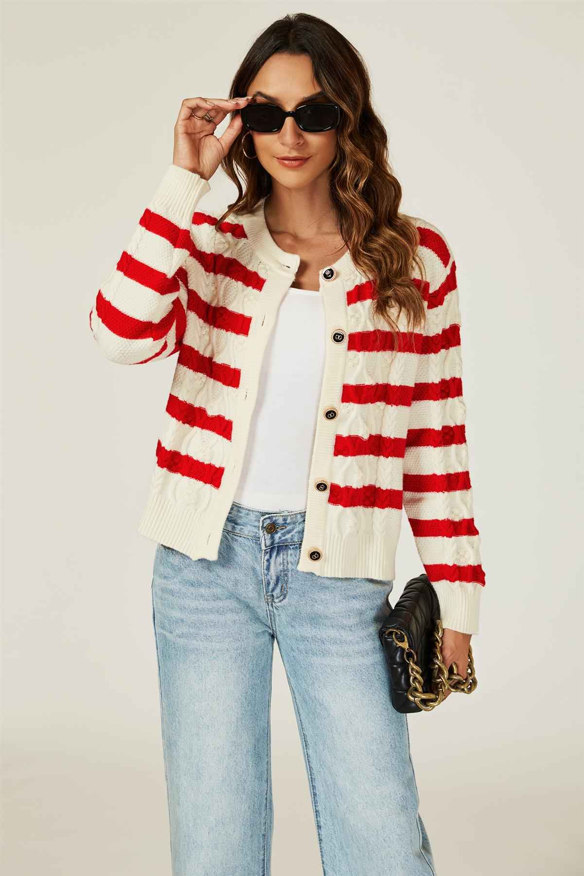 Stripe Pattern Knitted Cardigan In Red