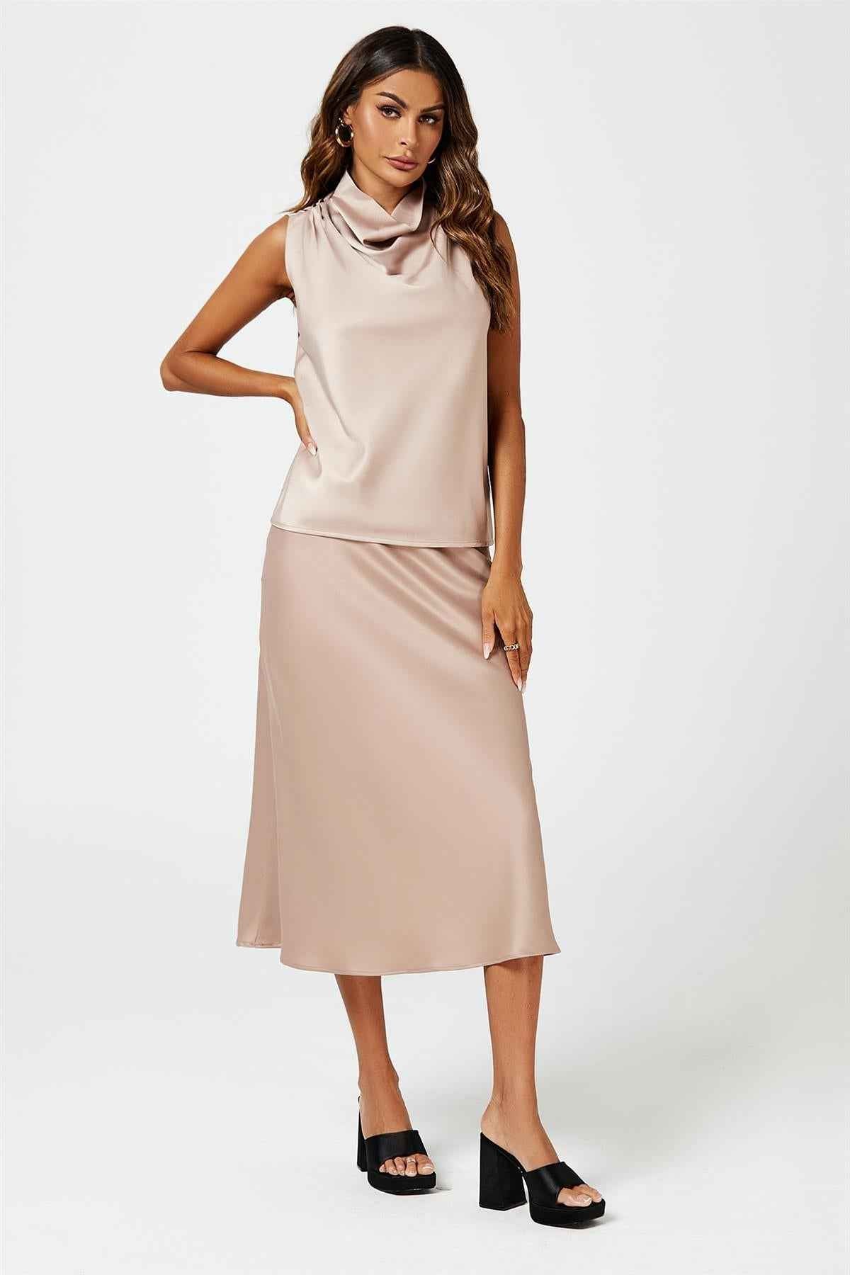 Satin High Neck Sleeveless Blouse In Light Brown
