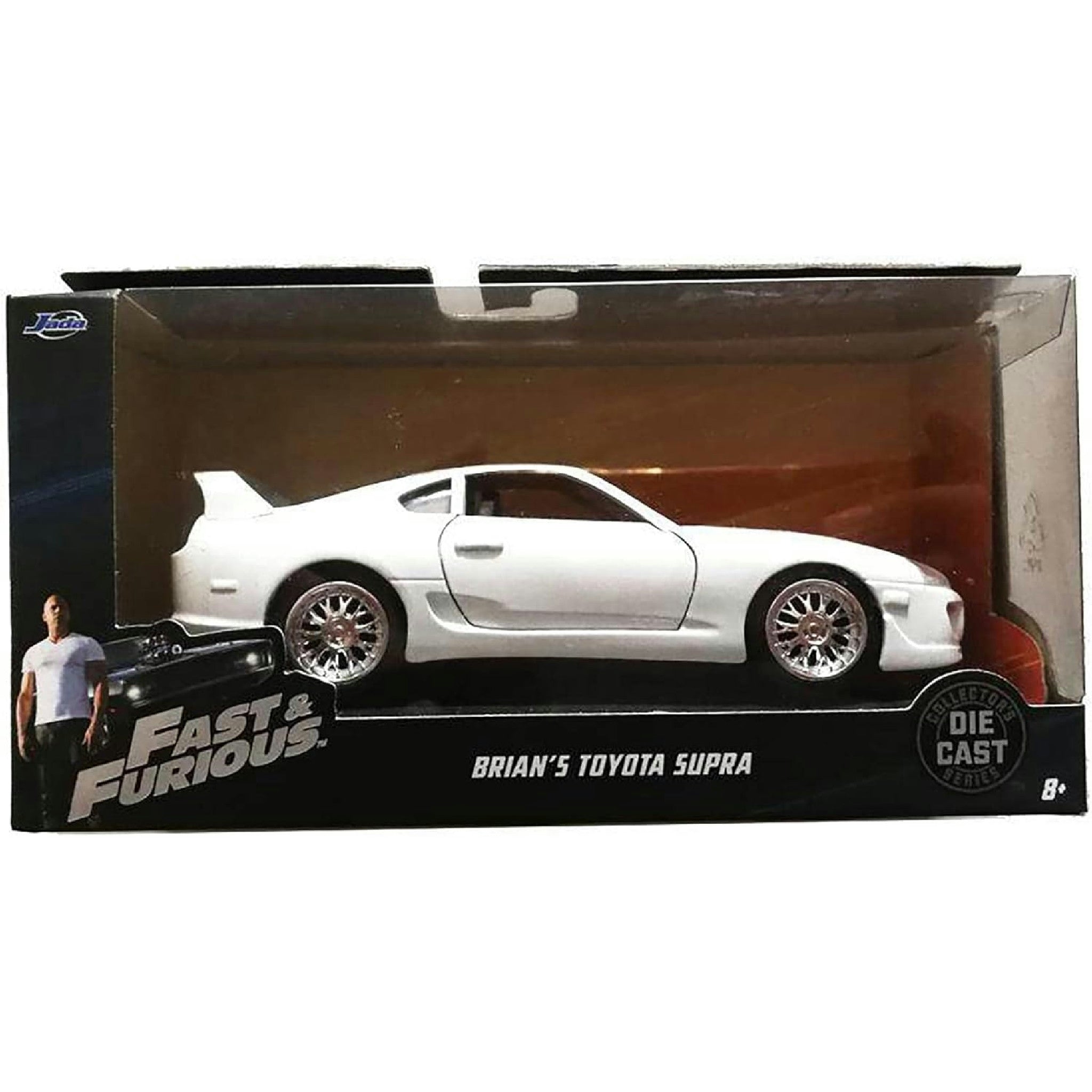 Jada Toys Fast & Furious Brian's 1995 Toyota Supra, Auto, Spielzeugauto aus Die-cast, öffnende Türen, Kofferraum & Motorhaube, Maßstab 1:24, weiß Hauptansicht