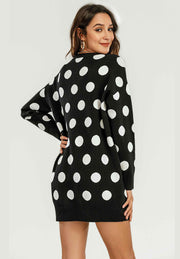 Knitted Tunic Mini Jumper Dress With Polka Dot Pattern