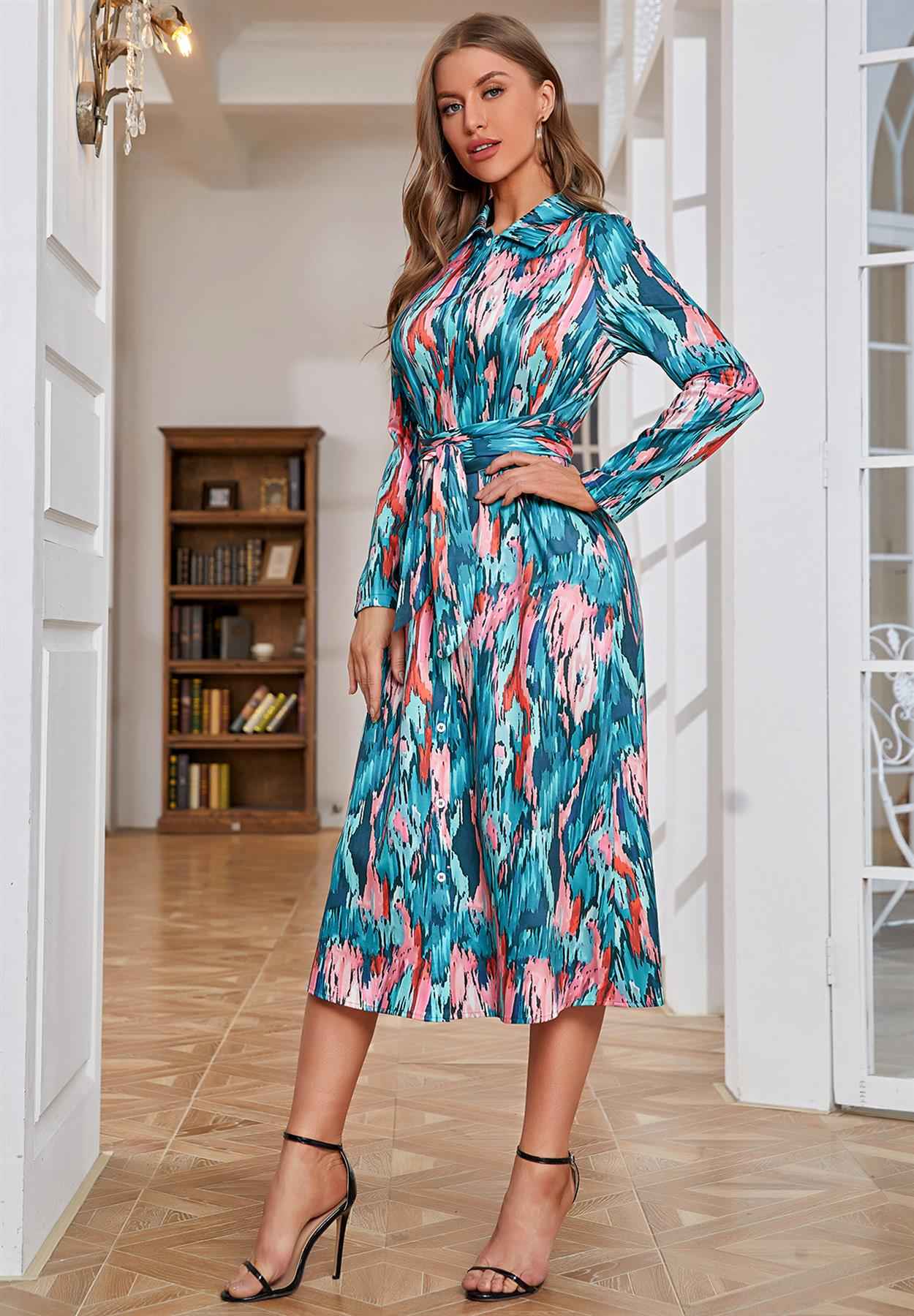 Multi Color Print Shirt Midi Wrap Dress In Green & Pink