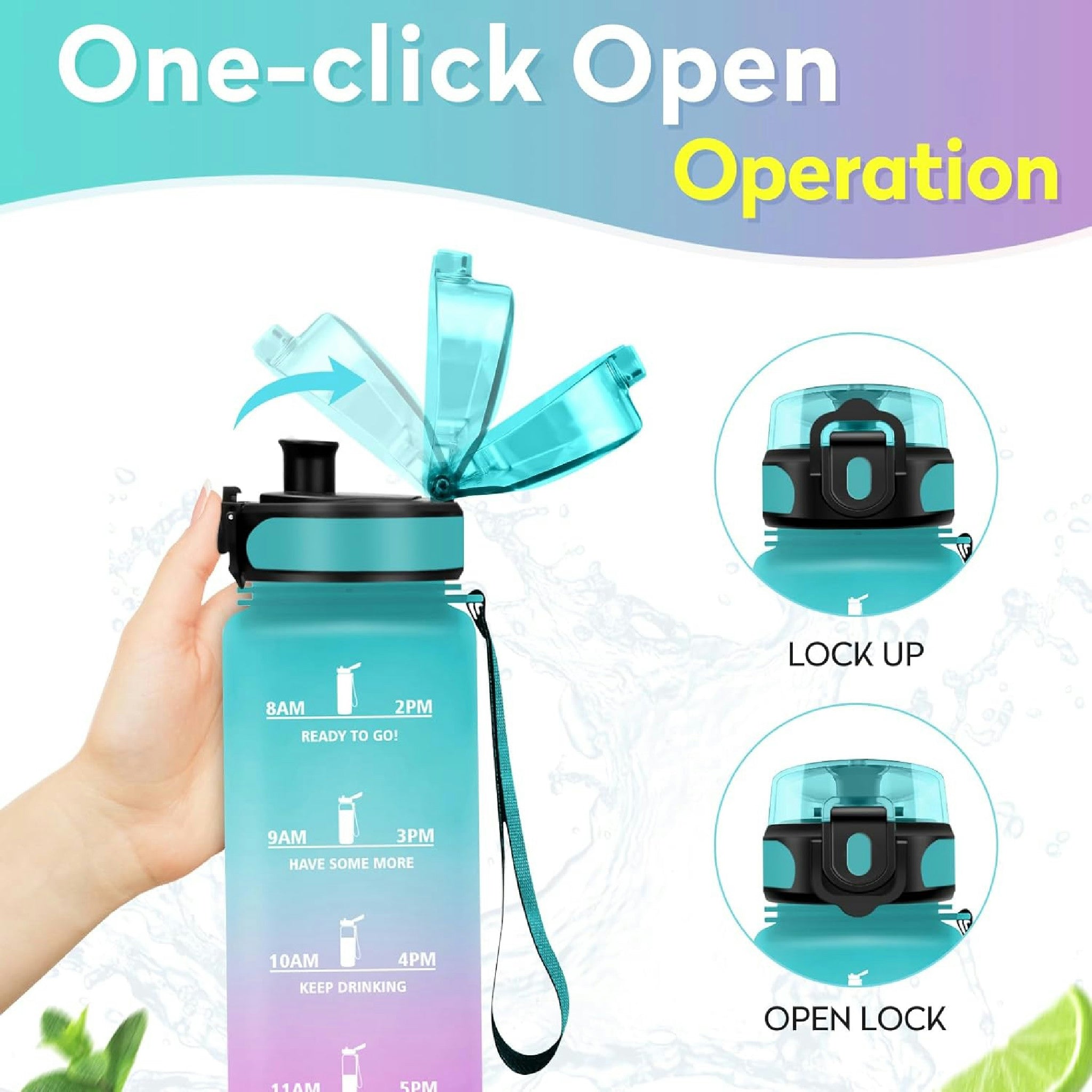 KollyKolla Trinkflasche 1 Liter, Kohlensäure Geeignet, Sport Trinkflasche mit Zeitmarkierungen, BPA-Frei, Sportflasche Auslaufsicher, Wasserflasche für Kinder, Erwachsener, Schule, Gym, Büro, Fahrrad Hauptansicht