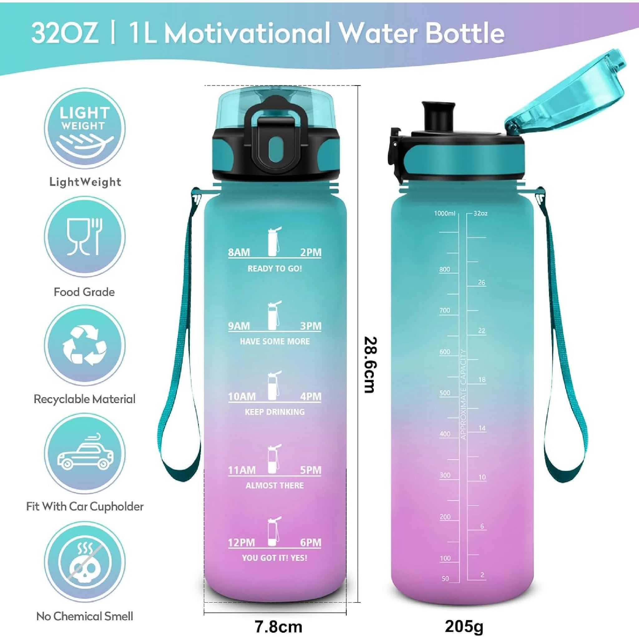 KollyKolla Trinkflasche 1 Liter, Kohlensäure Geeignet, Sport Trinkflasche mit Zeitmarkierungen, BPA-Frei, Sportflasche Auslaufsicher, Wasserflasche für Kinder, Erwachsener, Schule, Gym, Büro, Fahrrad Hauptansicht