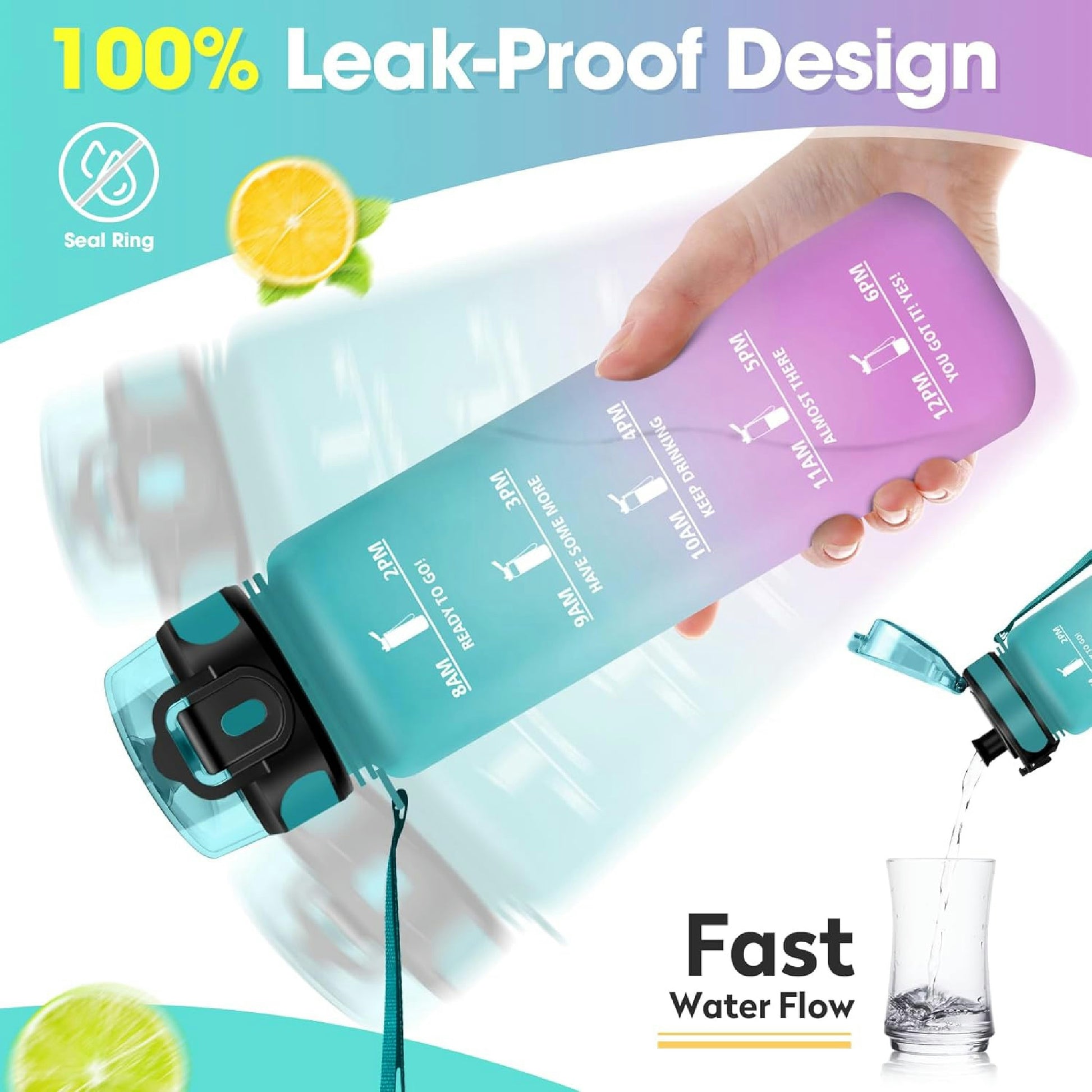 KollyKolla Trinkflasche 1 Liter, Kohlensäure Geeignet, Sport Trinkflasche mit Zeitmarkierungen, BPA-Frei, Sportflasche Auslaufsicher, Wasserflasche für Kinder, Erwachsener, Schule, Gym, Büro, Fahrrad Hauptansicht