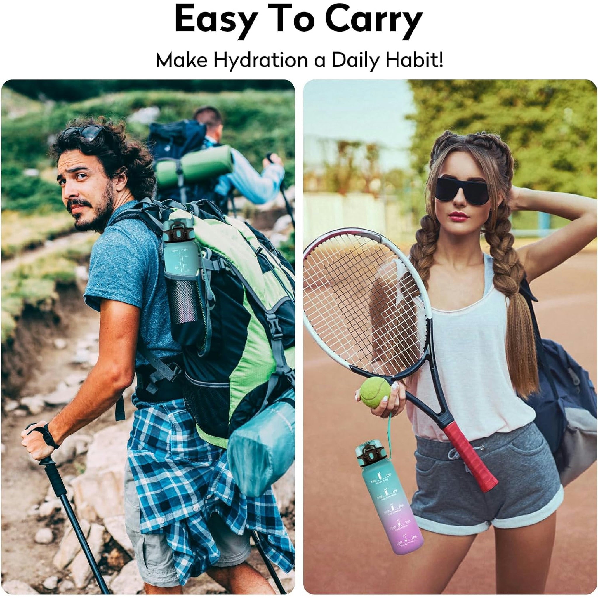 KollyKolla Trinkflasche 1 Liter, Kohlensäure Geeignet, Sport Trinkflasche mit Zeitmarkierungen, BPA-Frei, Sportflasche Auslaufsicher, Wasserflasche für Kinder, Erwachsener, Schule, Gym, Büro, Fahrrad Hauptansicht