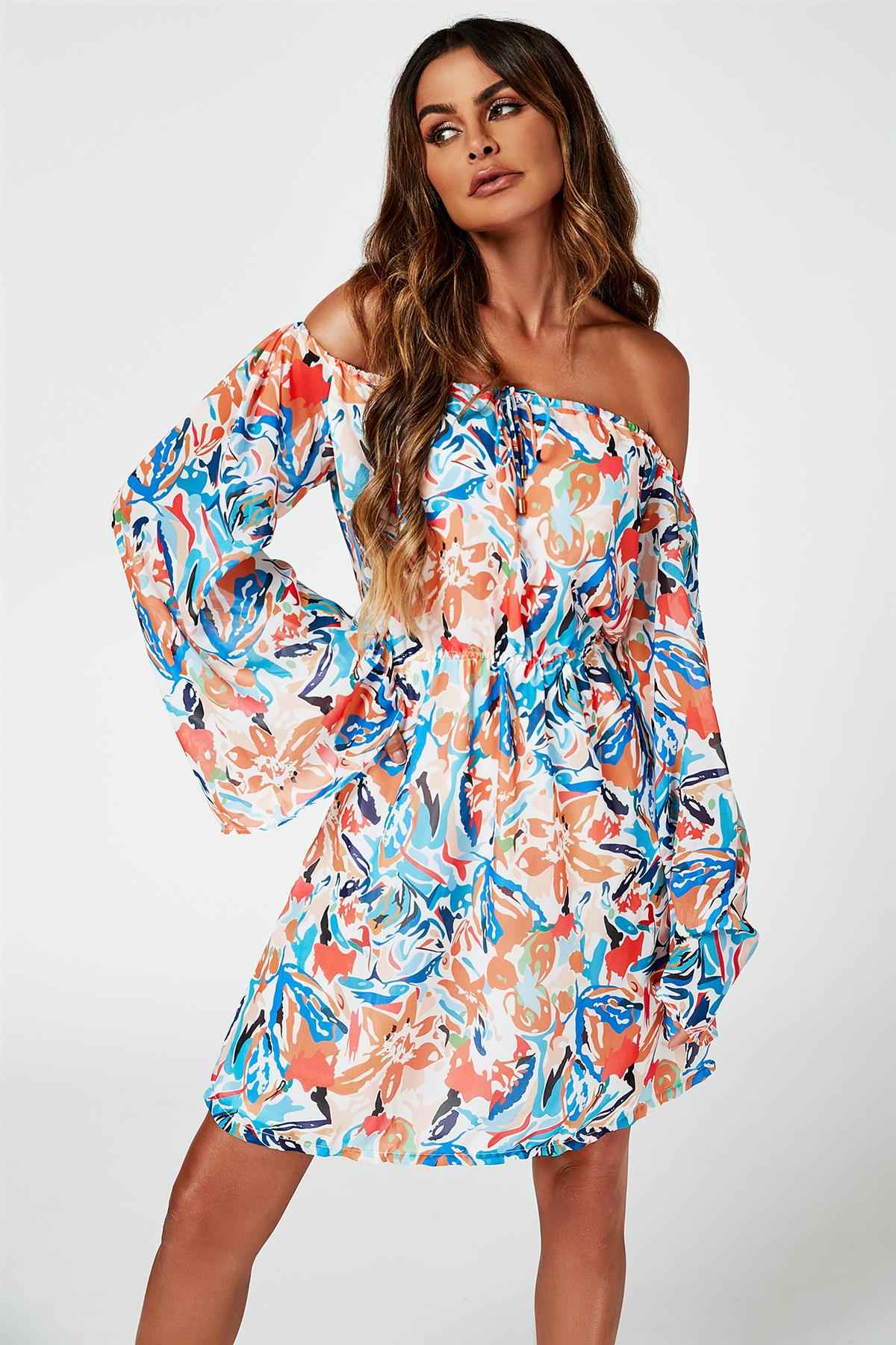 Flute Sleeve Bardot Dress With Tie Detail In Orange