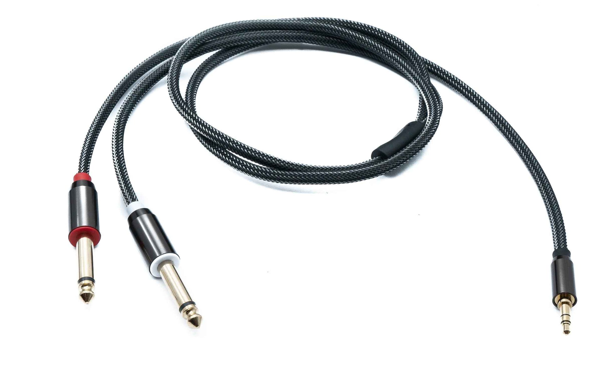 SYSTEM-S Audio Y Klinke Kabel 100 cm 2x 6,35 mm 2 polig Stecker zu 3,5 mm 3 polig Stecker geflochten AUX
