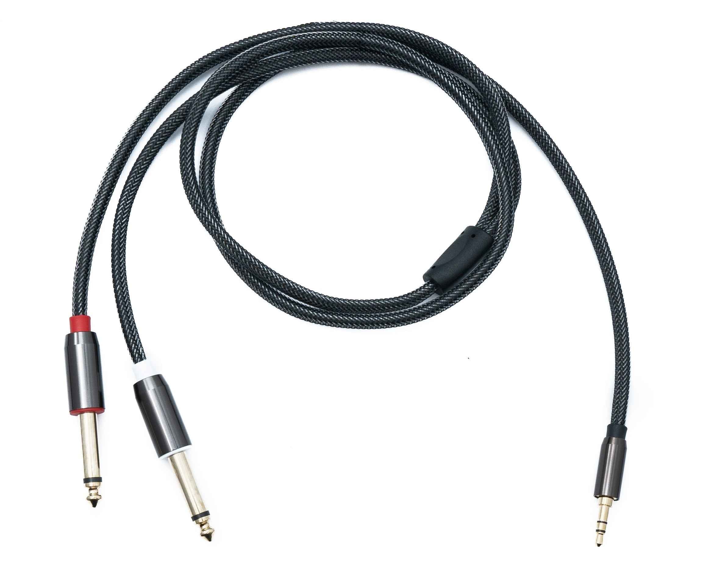 SYSTEM-S Audio Y Klinke Kabel 100 cm 2x 6,35 mm 2 polig Stecker zu 3,5 mm 3 polig Stecker geflochten AUX