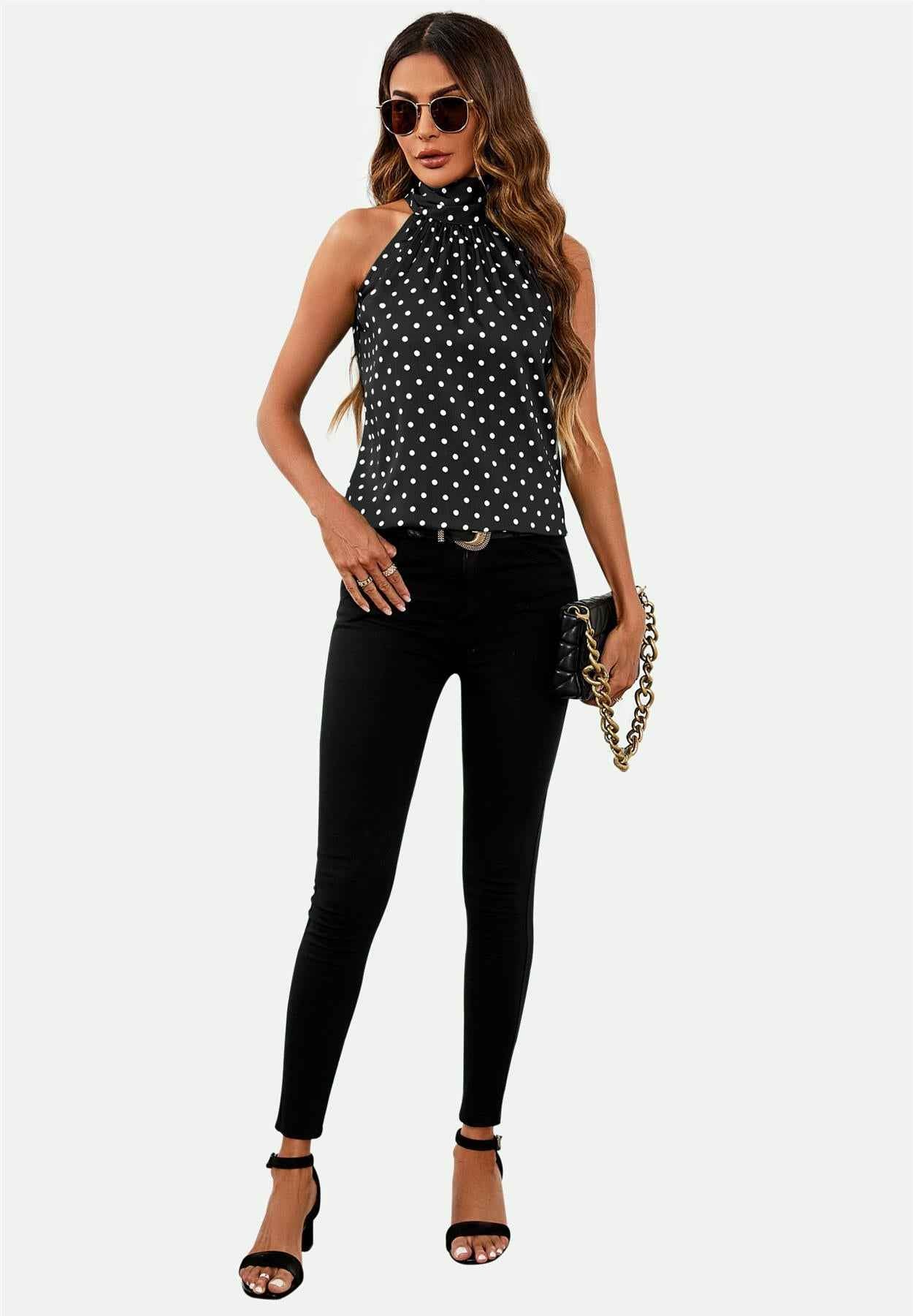 Polka Dot Print Halter Neck Tie Back Top In Black