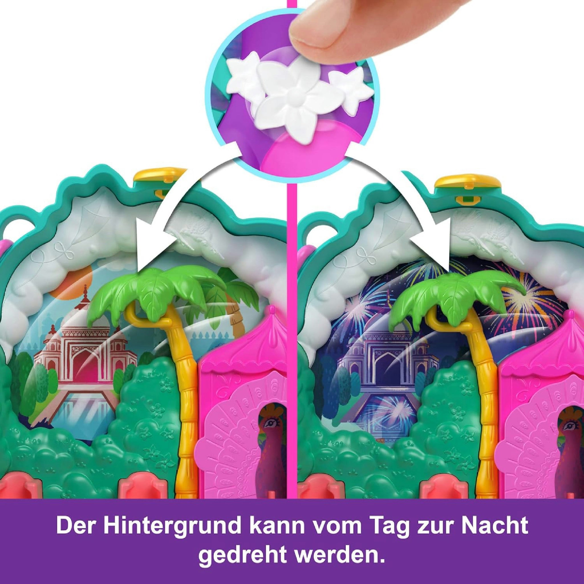 Polly Pocket-Puppen und Spielset, Peacock Garden-Schatulle, Reisespielzeug mit 2 kleinen Puppen und Tieren, Zubehörteile für Tiere, HWN97 Hauptansicht