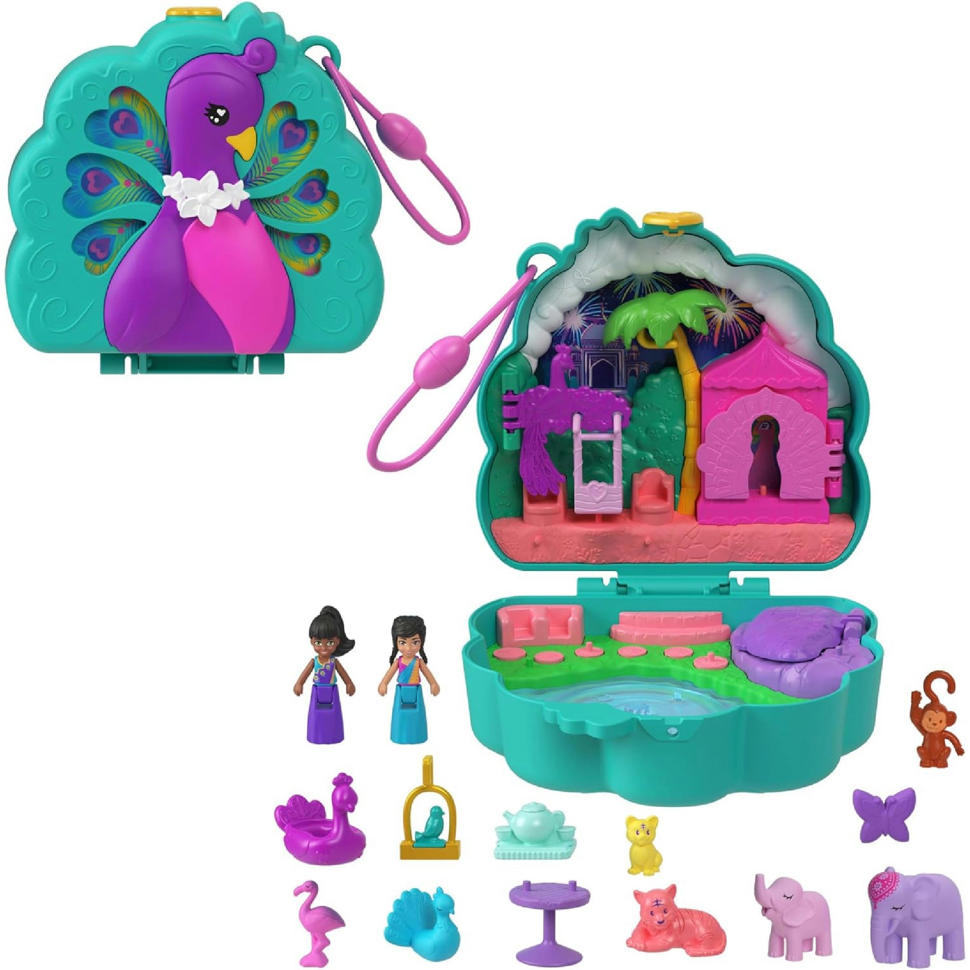 Polly Pocket-Puppen und Spielset, Peacock Garden-Schatulle, Reisespielzeug mit 2 kleinen Puppen und Tieren, Zubehörteile für Tiere, HWN97 Hauptansicht