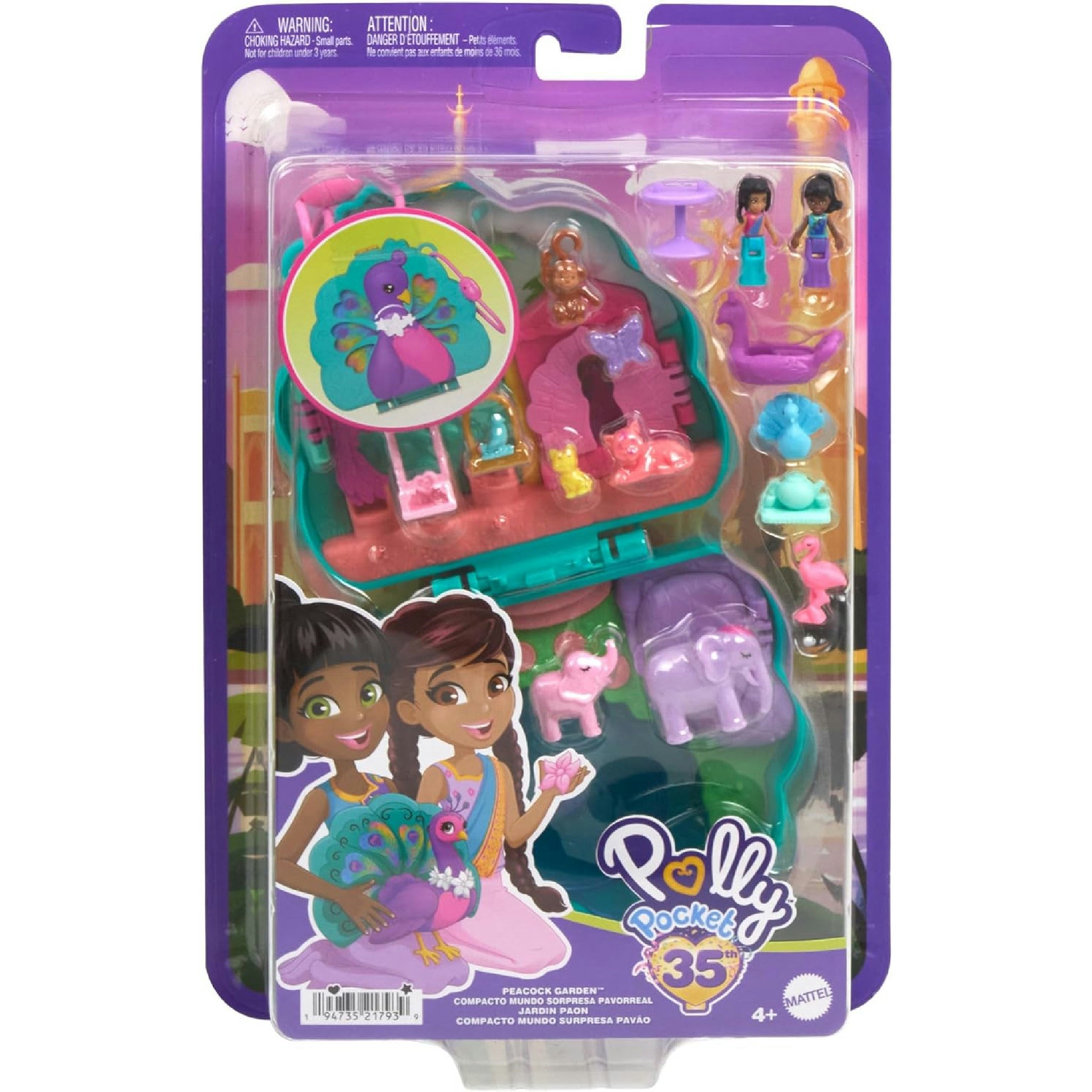 Polly Pocket-Puppen und Spielset, Peacock Garden-Schatulle, Reisespielzeug mit 2 kleinen Puppen und Tieren, Zubehörteile für Tiere, HWN97 Hauptansicht