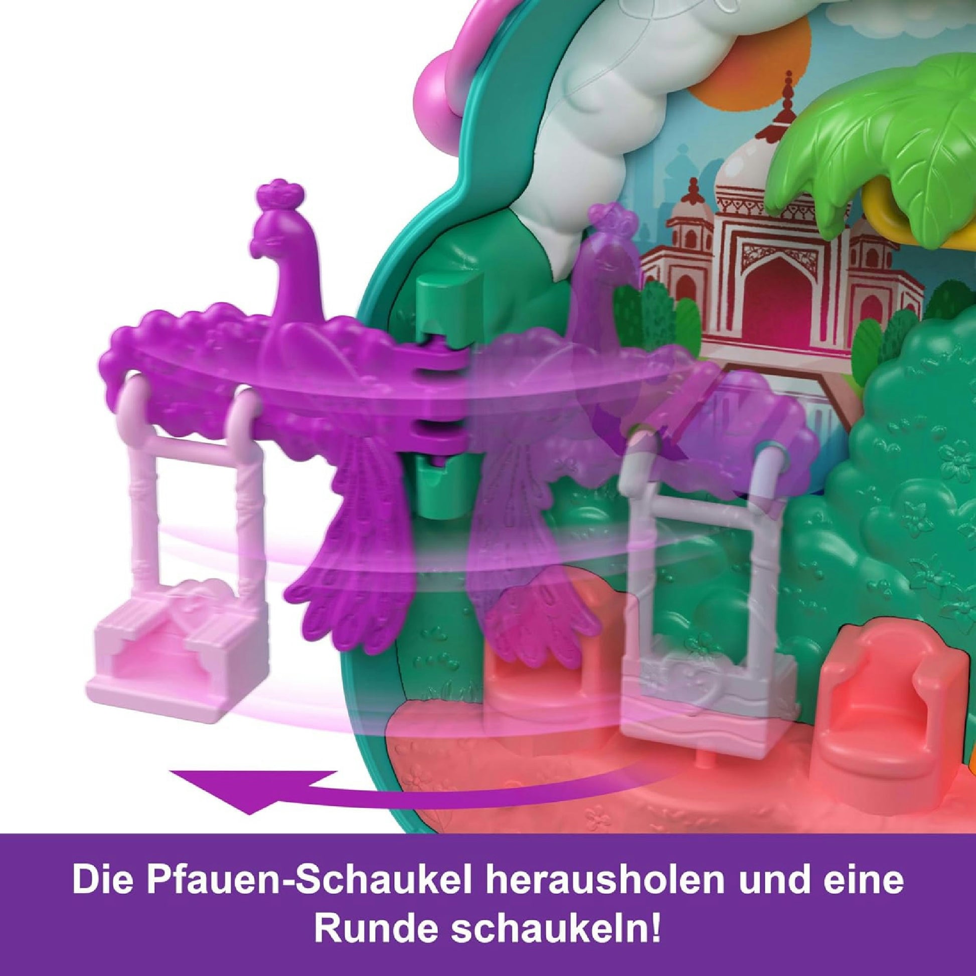 Polly Pocket-Puppen und Spielset, Peacock Garden-Schatulle, Reisespielzeug mit 2 kleinen Puppen und Tieren, Zubehörteile für Tiere, HWN97 Hauptansicht