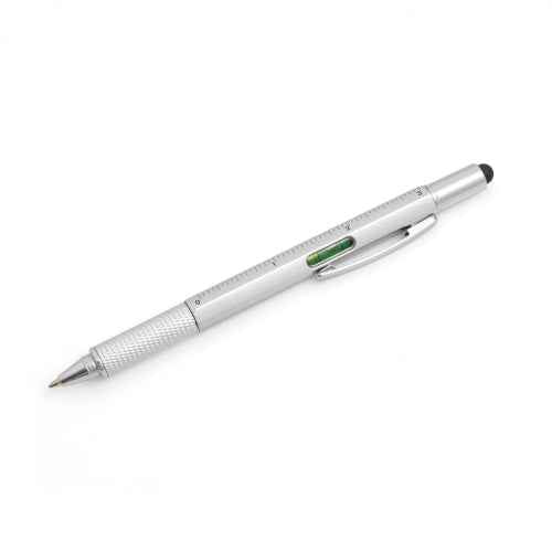 System-S 6in1 Stylus Touch Pen Eingabestift Kugelschreiber Lineal Schraubendreher Wasserwaage für Smartphone & Tablet PC in Silber-Farben