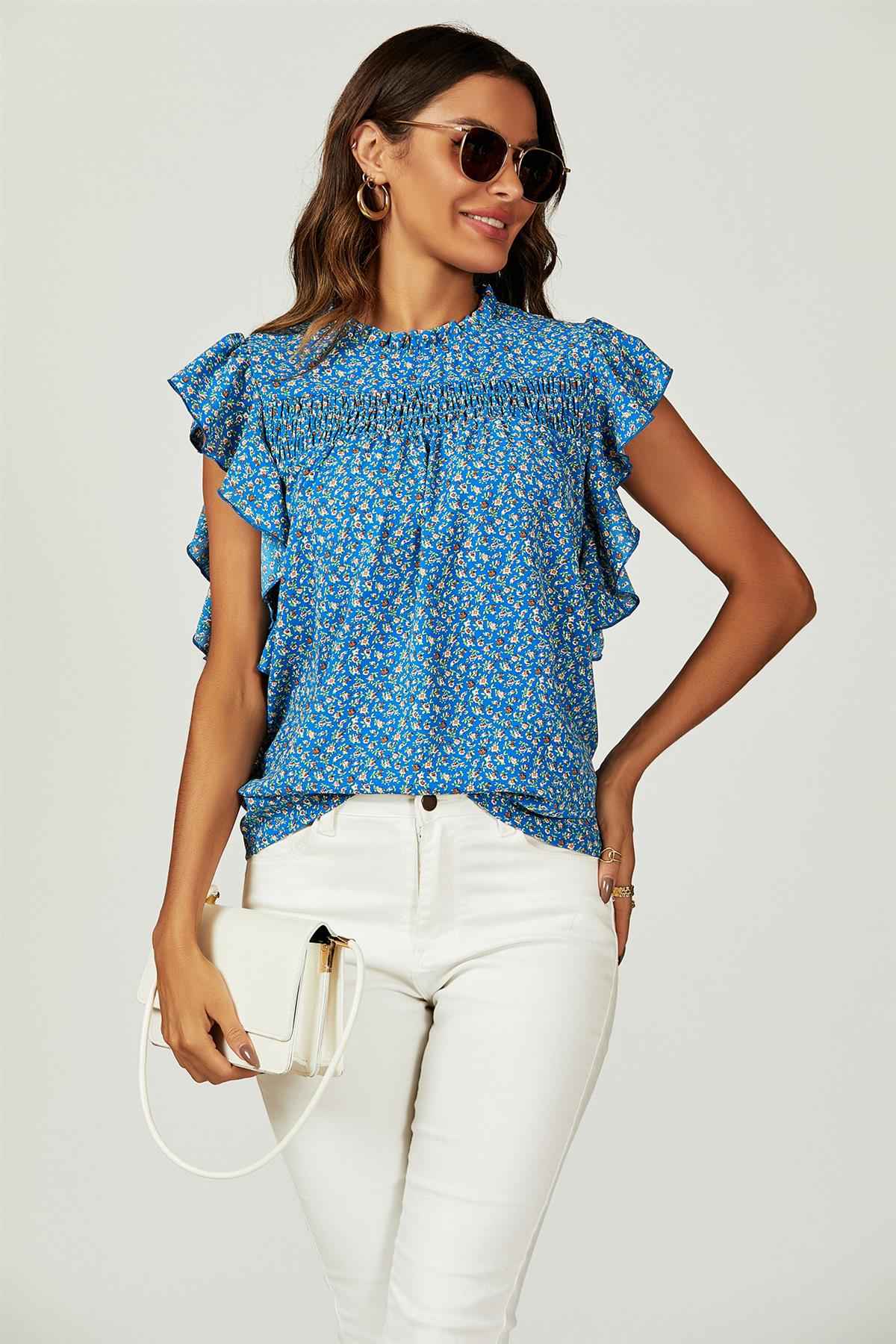 Floral Print Frill Hem Short Sleeve Blouse Top In Blue