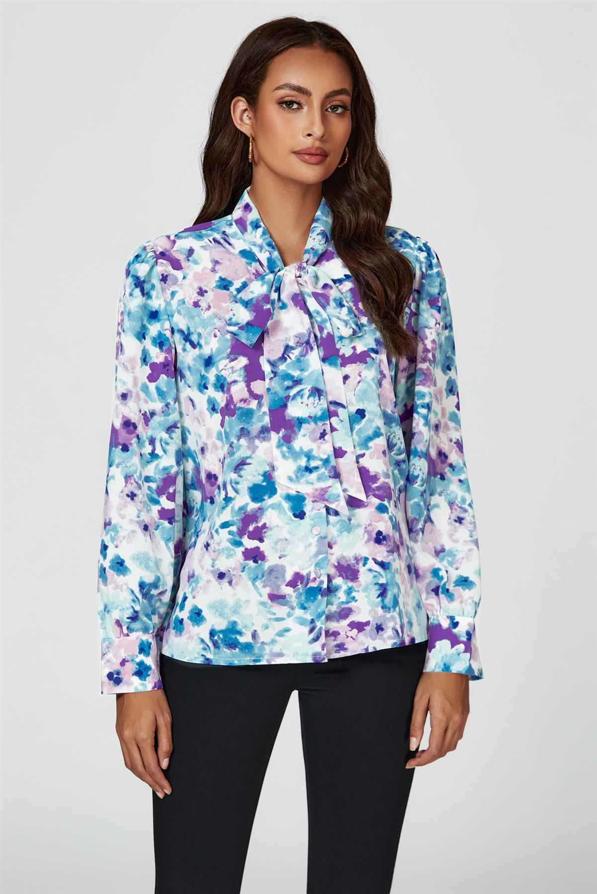 Abstract Floral Print Tie Detail long sleeve Blouse Top In Blue