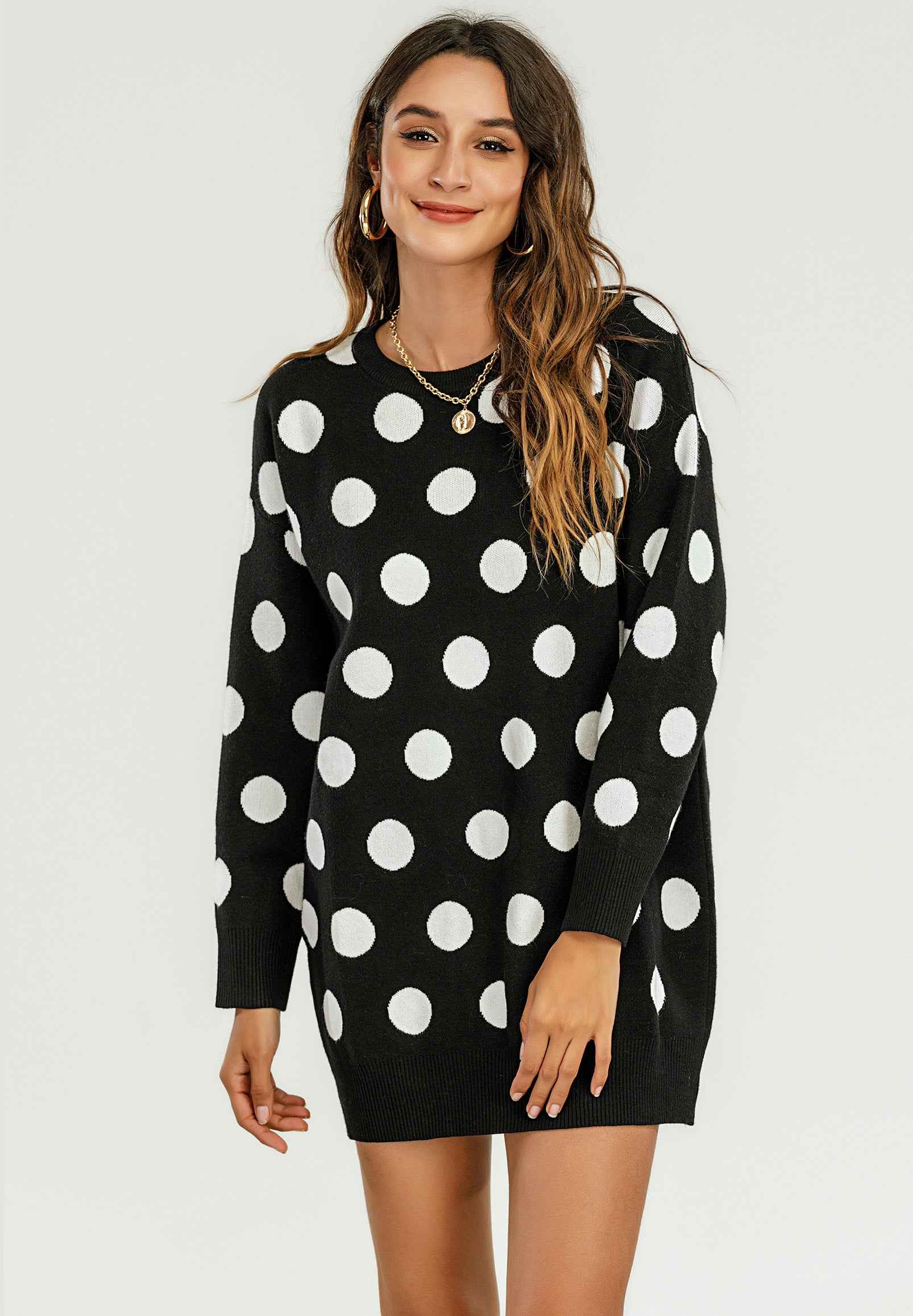 Knitted Tunic Mini Jumper Dress With Polka Dot Pattern