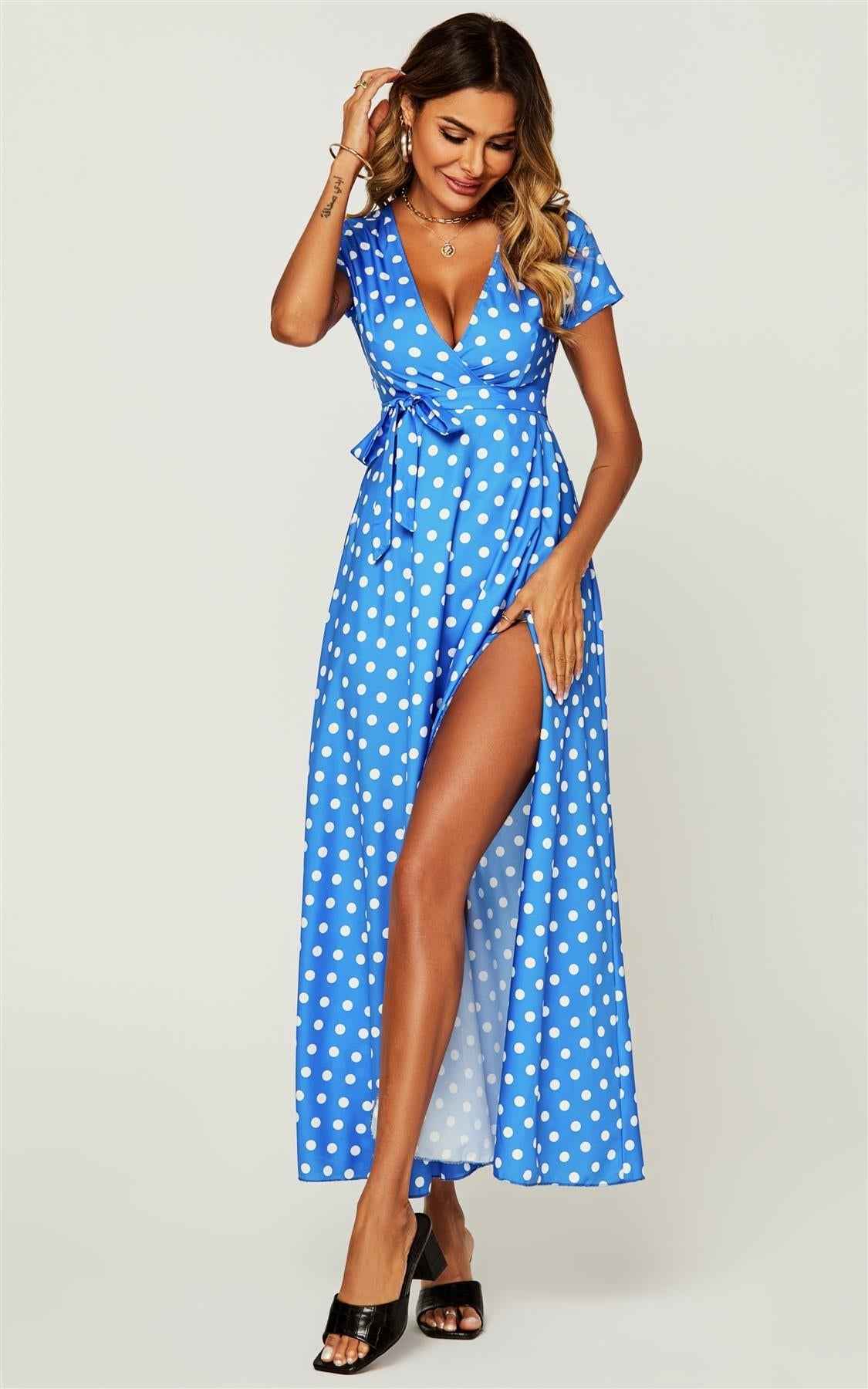 Polka Dot Print High Waist Wrap Dress In Royal Blue