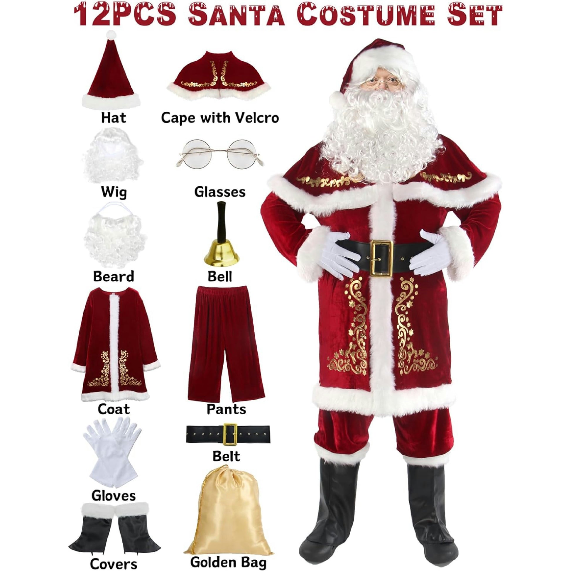 Ahititi Weihnachtsmann Kostüm für Männer 12 Stk Set Weihnachtsfeier Cosplay für Erwachsene Roter Deluxe Samt Weihnachtsmann-Anzug 2XL Hauptansicht