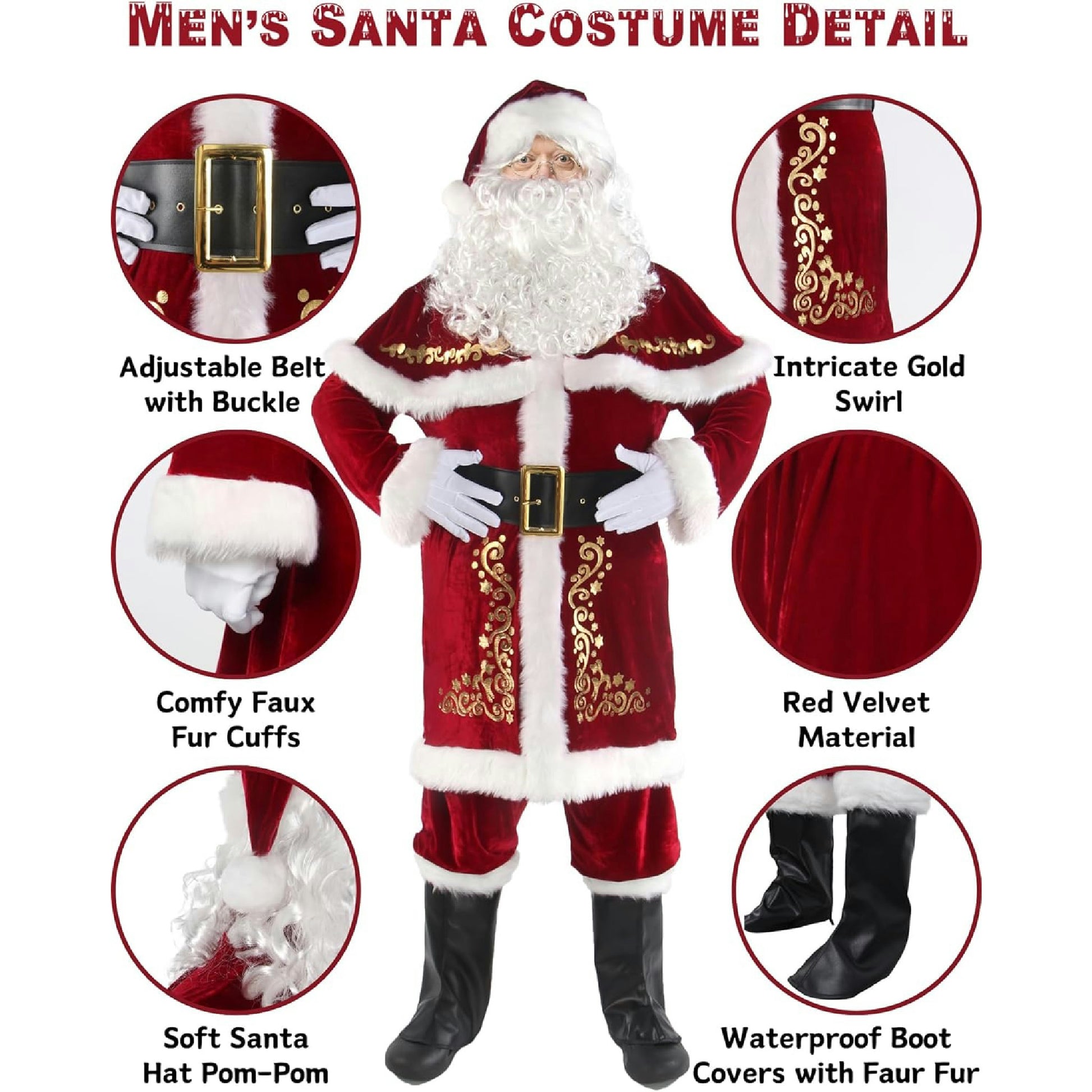 Ahititi Weihnachtsmann Kostüm für Männer 12 Stk Set Weihnachtsfeier Cosplay für Erwachsene Roter Deluxe Samt Weihnachtsmann-Anzug 2XL Hauptansicht